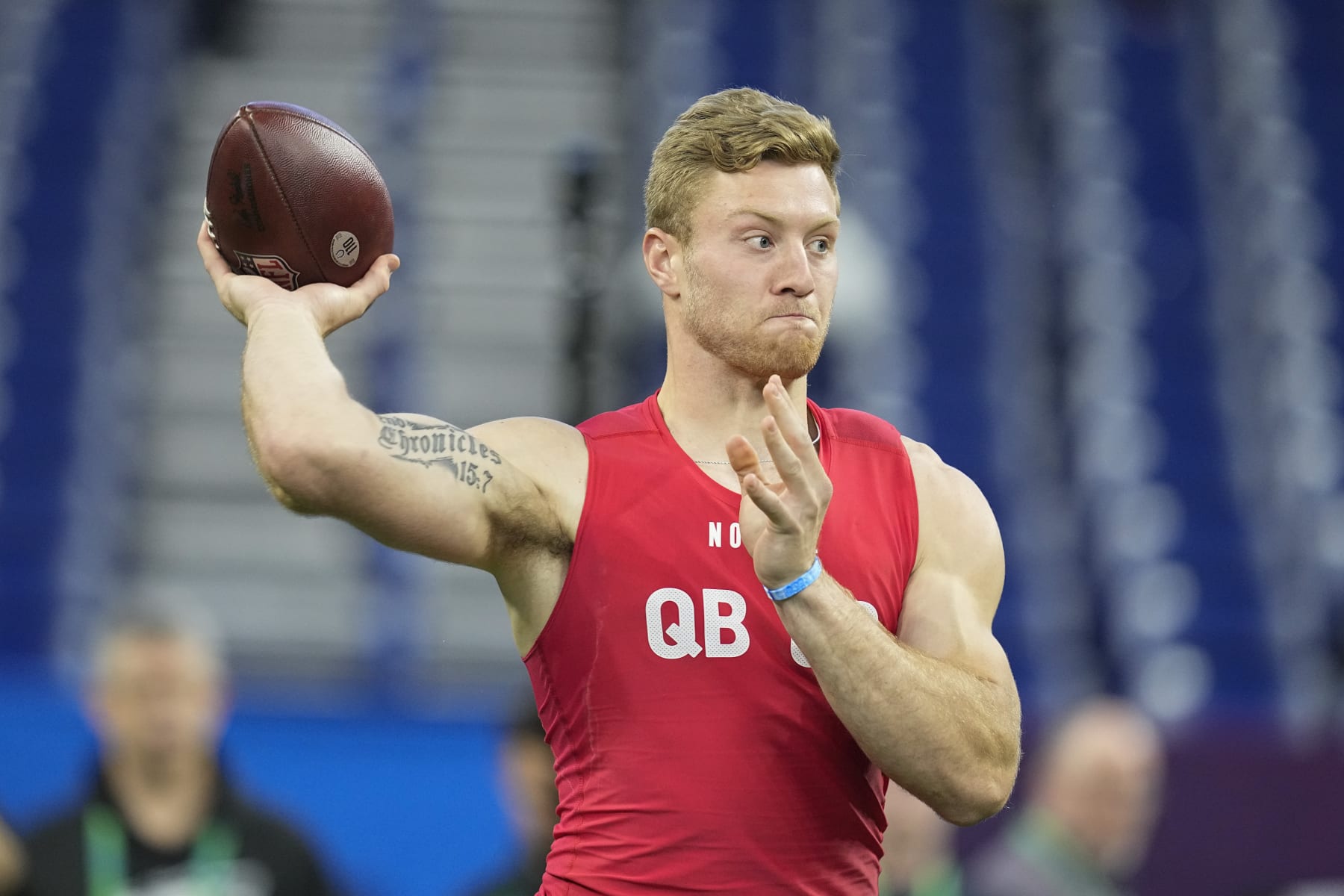 Kentucky quarterback Will Levis runs a drill at the NFL football scouting combine in Indianapolis, Saturday, March 4, 2023. (AP Photo/Darron Cummings)