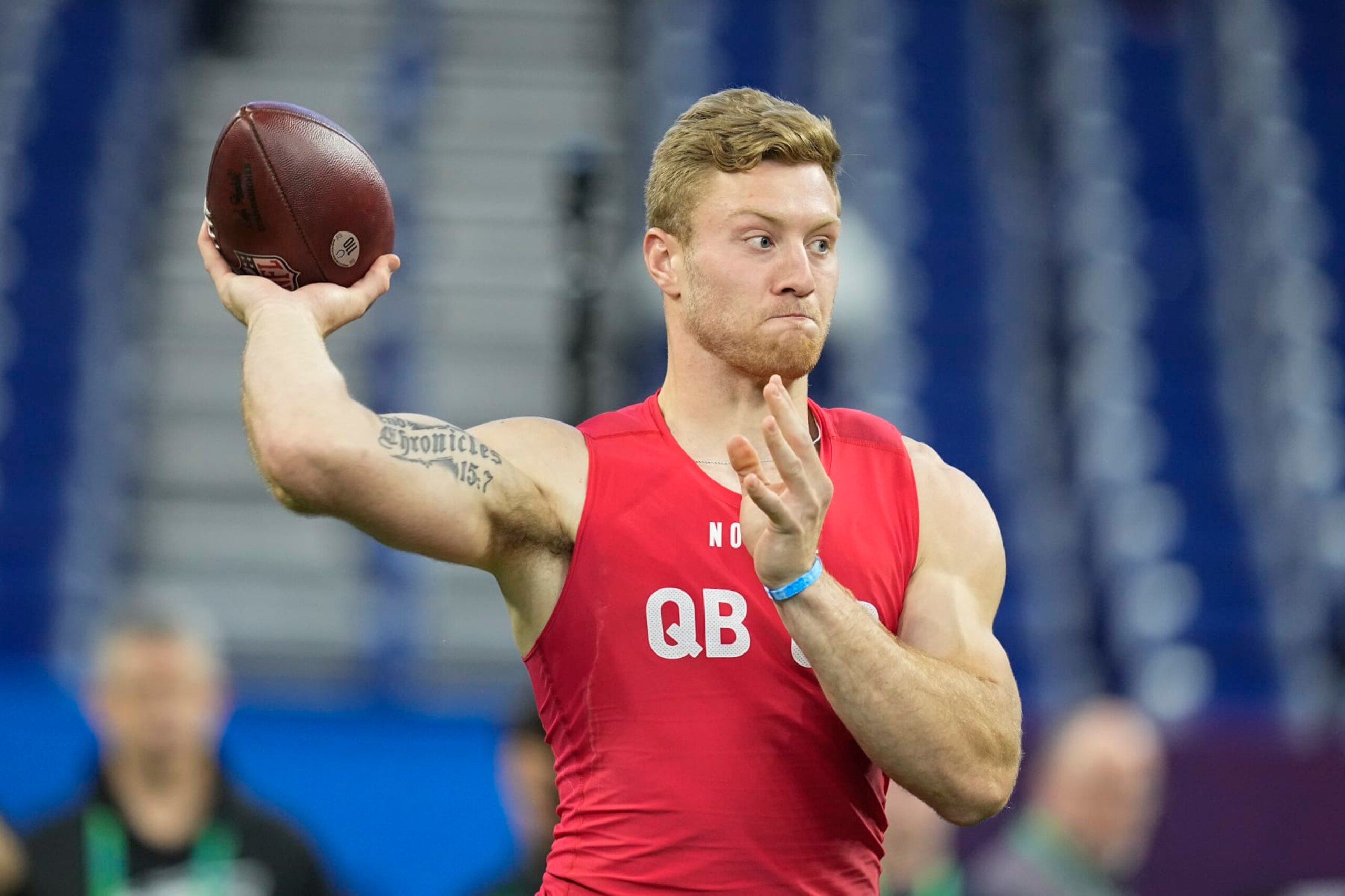 Kentucky quarterback Will Levis runs a drill at the NFL football scouting combine in Indianapolis, Saturday, March 4, 2023. (AP Photo/Darron Cummings)