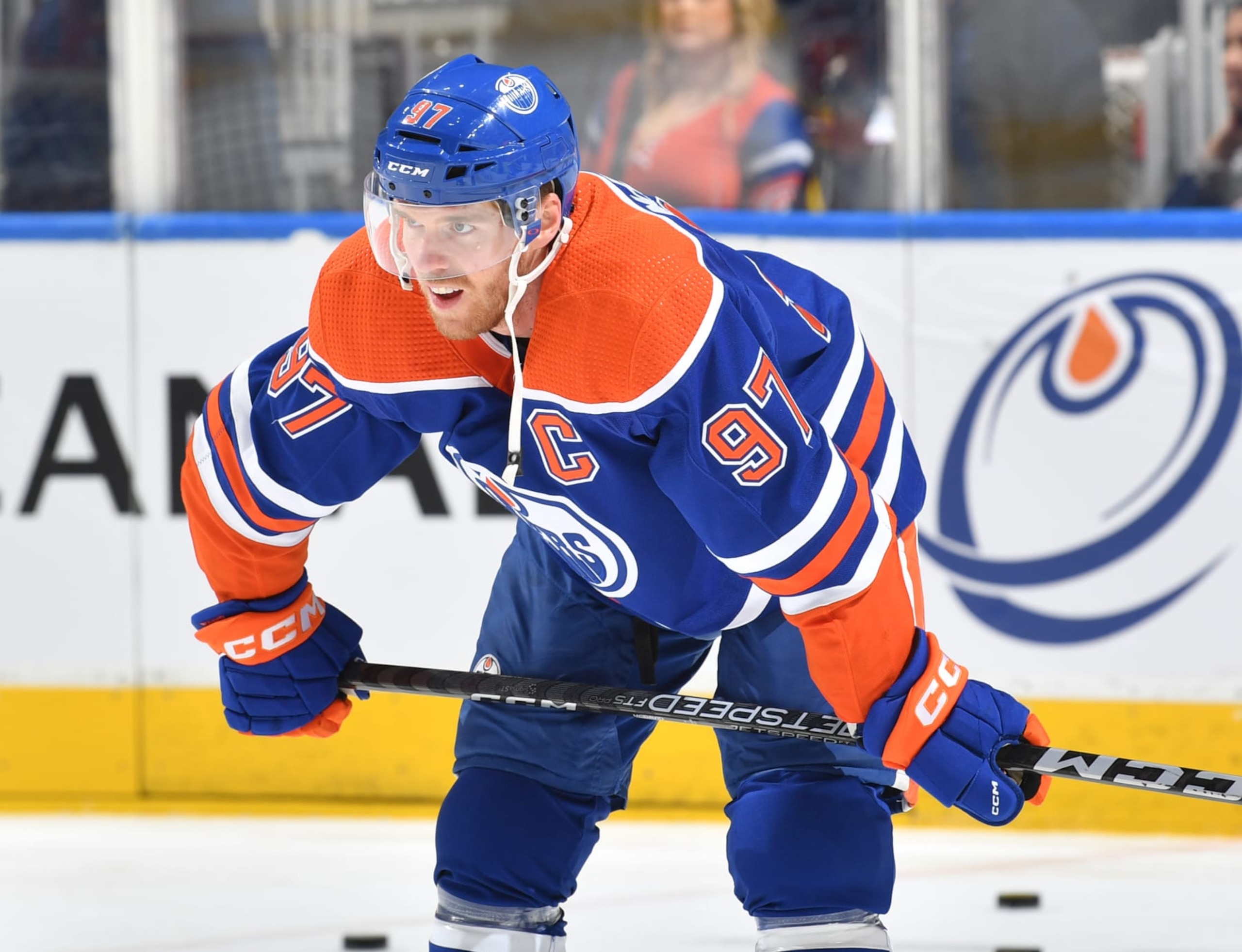 EDMONTON, CANADA - MARCH 20: Connor McDavid #97 of the Edmonton Oilers warms up before the game against the San Jose Sharks on March 20, 2023 at Rogers Place in Edmonton, Alberta, Canada. (Photo by Andy Devlin/NHLI via Getty Images)