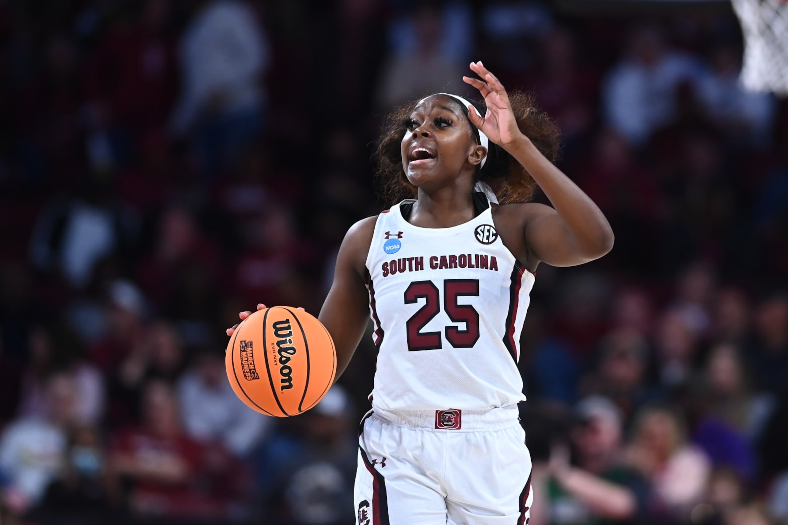 COLUMBIA, SC - MARCH 19: Raven Johnson #25 of the South Carolina Gamecocks calls for a play during the second round of the 2023 NCAA Women's Basketball Tournament held at Colonial Life Arena on March 19, 2023 in Columbia, South Carolina. (Photo by Tim Cowie/NCAA Photos via Getty Images)