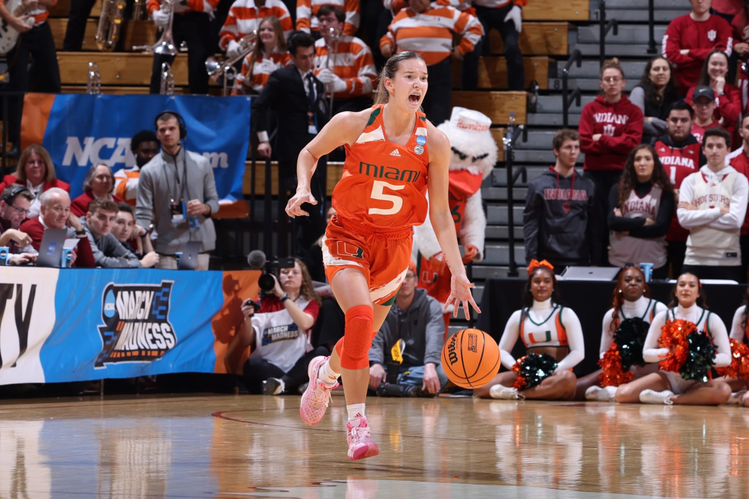 BLOOMINGTON, IN - MARCH 20: Karla Erjavec #5 of the Miami Hurricanes brings the ball up court against the Indiana Hoosiers during the second round of the 2023 NCAA Women's Basketball Tournament held at Simon Skjodt Assembly Hall on March 20, 2023 in Bloomington, Indiana. (Photo by Joe Robbins/NCAA Photos via Getty Images)