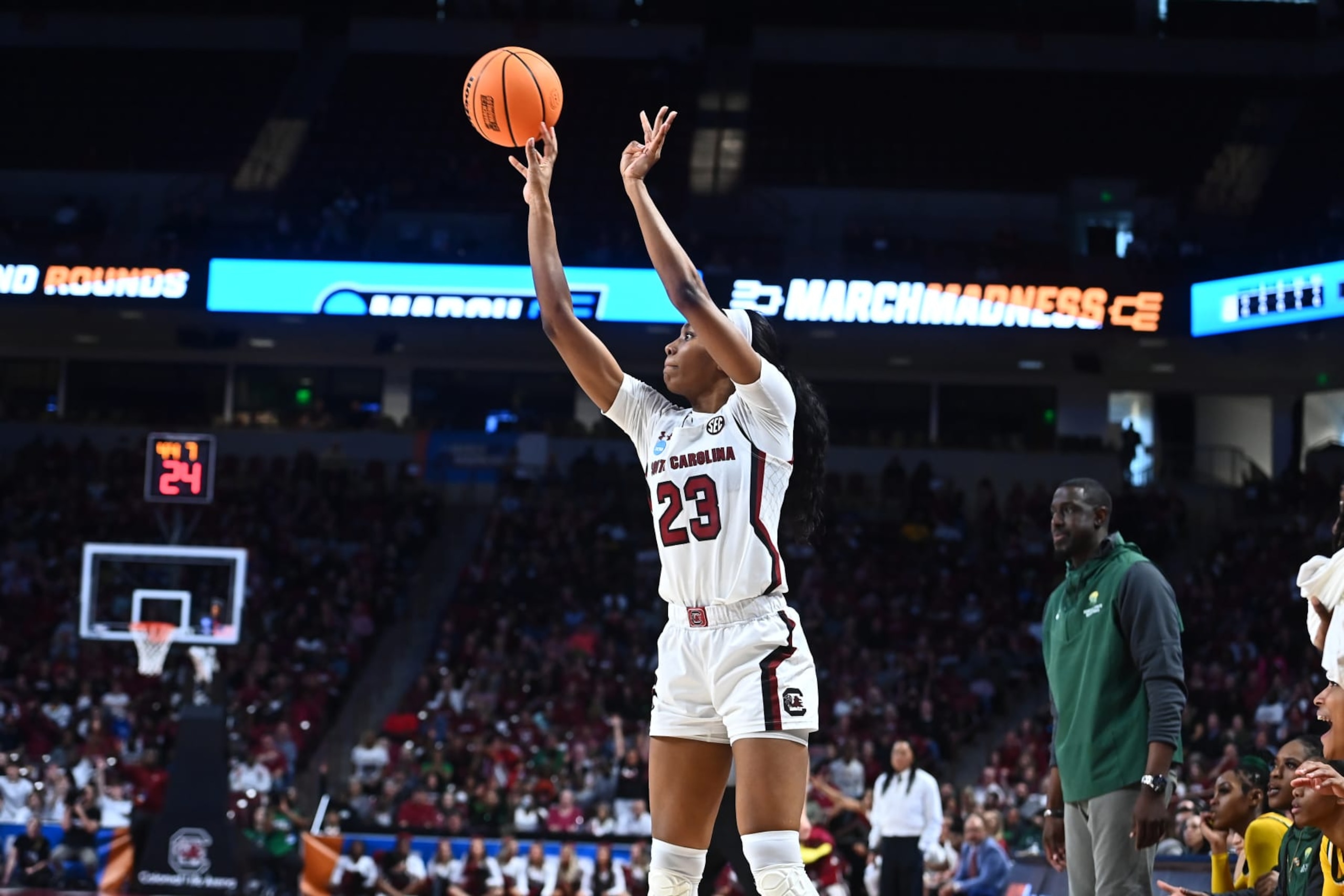 COLUMBIA, SC - MARCH 17: Bree Hall #23 of the South Carolina Gamecocks shoots the ball during the first round of the 2023 NCAA Women's Basketball Tournament held at Colonial Life Arena on March 17, 2023 in Columbia, South Carolina. (Photo by Tim Cowie/NCAA Photos via Getty Images)