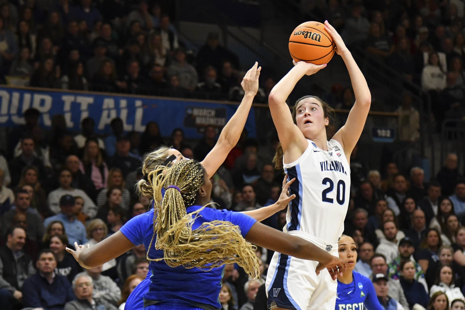VILLANOVA, PA - MARCH 20: Maddy Siegrist #20 of the Villanova Wildcats shoots the ball over Sophia Stiles #2 and Uju Ezeudu #42 of the Florida Gulf Coast Eagles during the second round of the 2023 NCAA Women's Basketball Tournament held at Finneran Pavilion on March 20, 2023 in Villanova, Pennsylvania. (Photo by Eric Hartline/NCAA Photos via Getty Images)