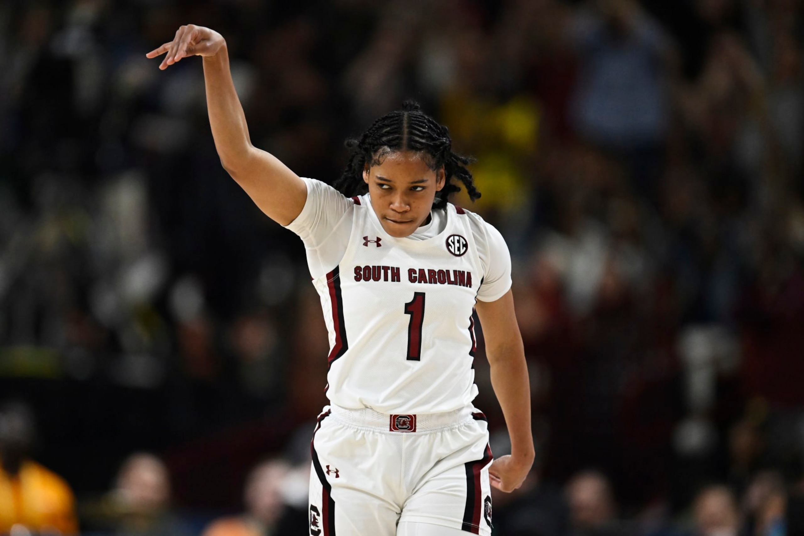 GREENVILLE, SOUTH CAROLINA - MARCH 05: Zia Cooke #1 of the South Carolina Gamecocks celebrates a three point basket against the Tennessee Lady Vols in the second quarter during the championship game of the SEC Women's Basketball Tournament at Bon Secours Wellness Arena on March 05, 2023 in Greenville, South Carolina. (Photo by Eakin Howard/Getty Images)