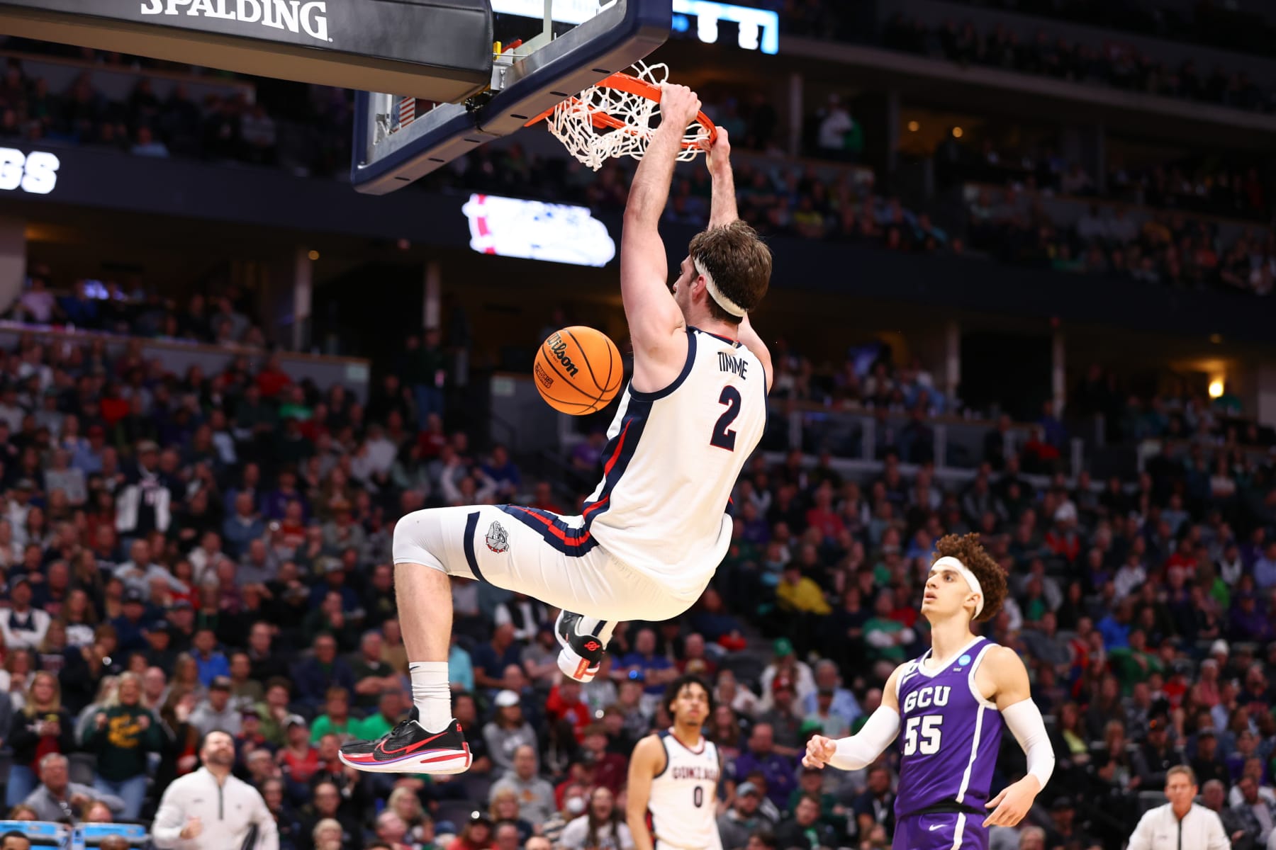 DENVER, CO - MARCH 17: Drew Timme #2 of the Gonzaga Bulldogs dunks the ball against the Grand Canyon Antelopes during the first round of the 2023 NCAA Men's Basketball Tournament held at Ball Arena on March 17, 2023 in Denver, Colorado. (Photo by Jamie Schwaberow/NCAA Photos via Getty Images)