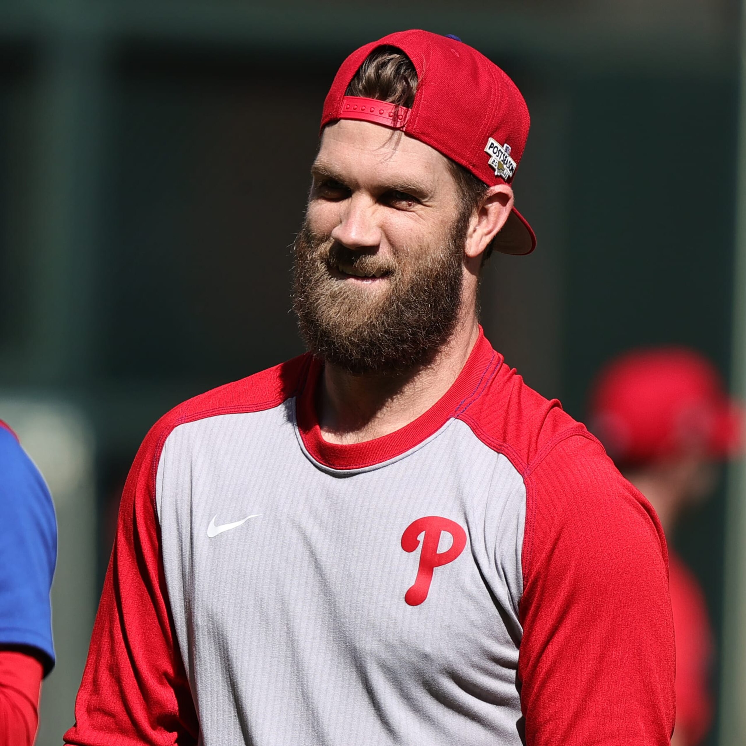HOUSTON, TEXAS - OCTOBER 27: Bryce Harper #3 of the Philadelphia Phillies during a workout day ahead of Game One of the World Series between the Houston Astros and Philadelphia Phillies at Minute Maid Park on October 27, 2022 in Houston, Texas. (Photo by Bob Levey/Getty Images)
