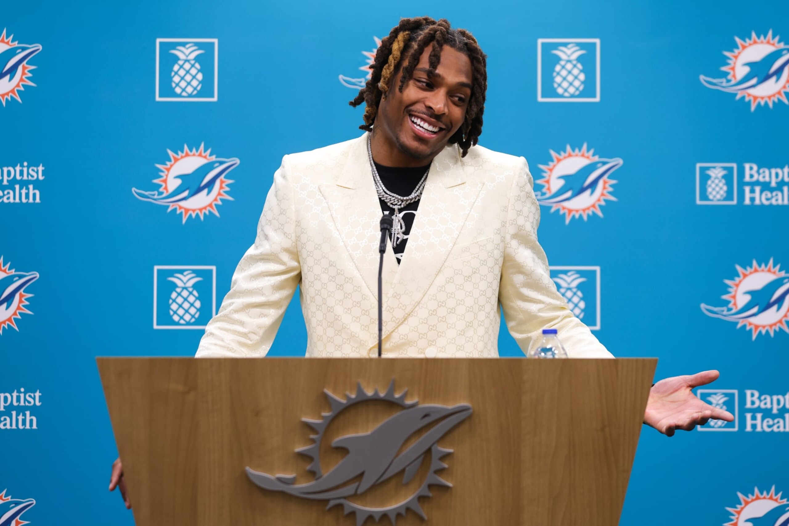 MIAMI GARDENS, FLORIDA - MARCH 16: Jalen Ramsey of the Miami Dolphins speaks to the media during a press conference where he was introduced at Baptist Health Training Complex on March 16, 2023 in Miami Gardens, Florida. (Photo by Megan Briggs/Getty Images)