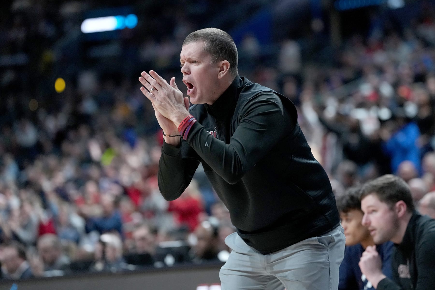 COLUMBUS, OHIO - MARCH 19: Head coach Tobin Anderson of the Fairleigh Dickinson Knights looks on against the Florida Atlantic Owls during the first half in the second round game of the NCAA Men's Basketball Tournament at Nationwide Arena on March 19, 2023 in Columbus, Ohio. (Photo by Dylan Buell/Getty Images)