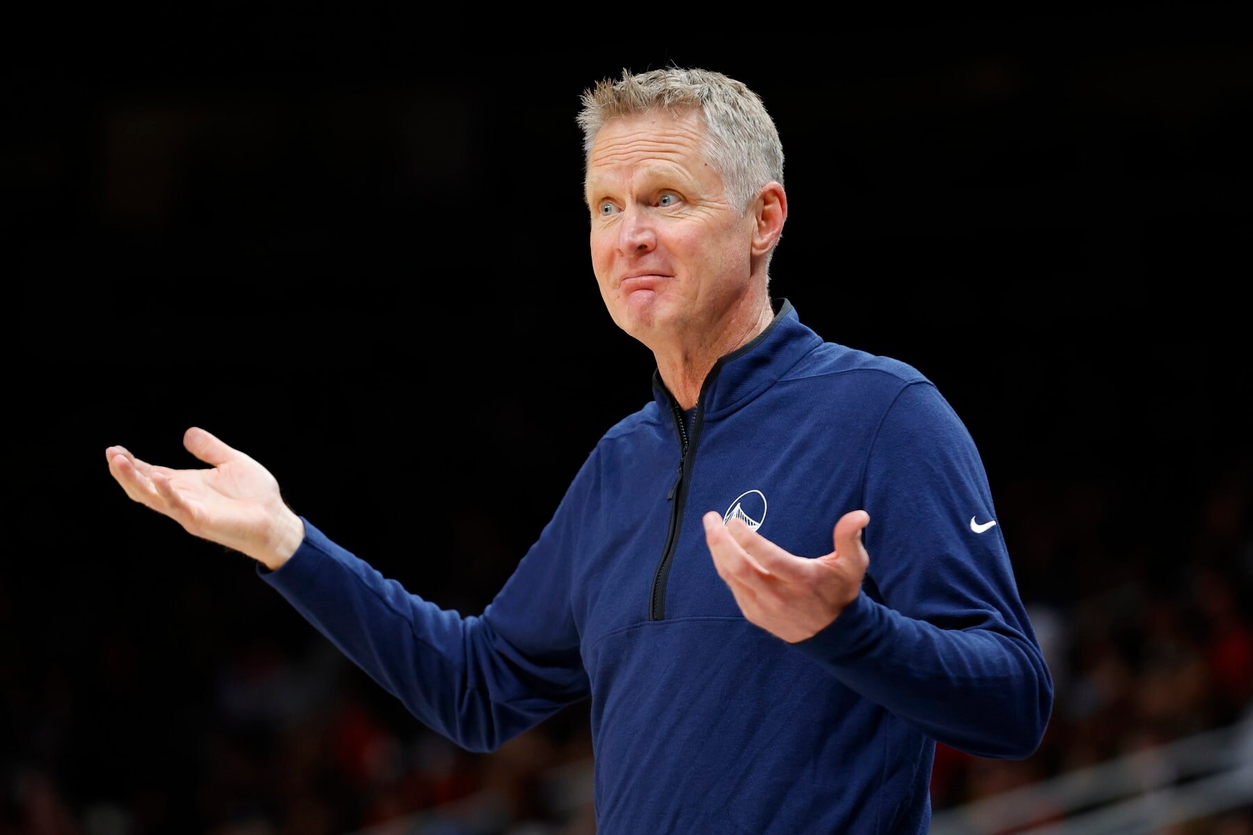 ATLANTA, GA - MARCH 17: Head coach Steve Kerr # of the Golden State Warriors reacts during the second half against the Atlanta Hawks at State Farm Arena on March 17, 2023 in Atlanta, Georgia. NOTE TO USER: User expressly acknowledges and agrees that, by downloading and or using this photograph, User is consenting to the terms and conditions of the Getty Images License Agreement. (Photo by Todd Kirkland/Getty Images)