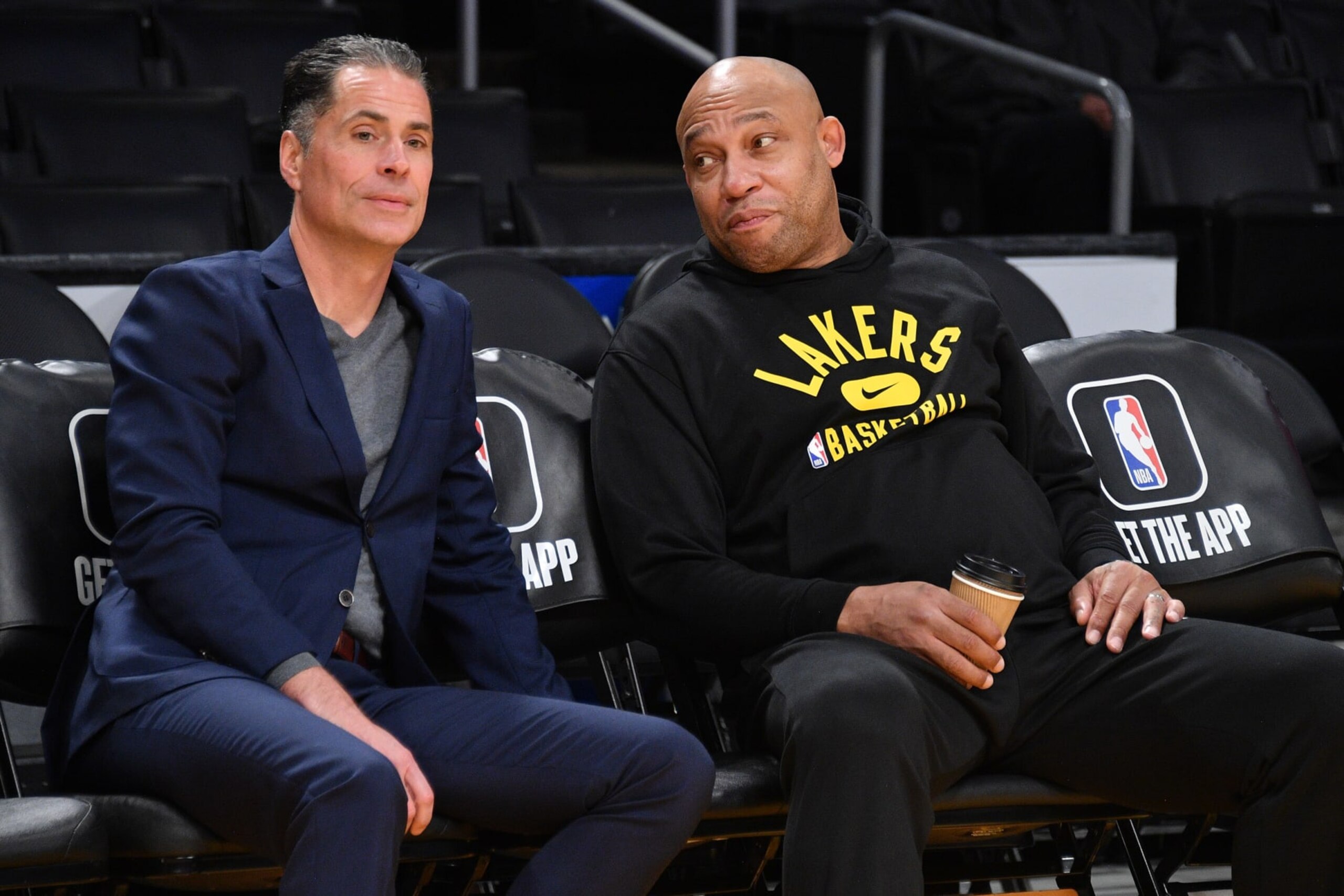 LOS ANGELES, CALIFORNIA - JANUARY 04: Rob Pelinka and Darvin Ham attend a basketball game between the Los Angeles Lakers and the Miami Heat at Crypto.com Arena on January 04, 2023 in Los Angeles, California. (Photo by Allen Berezovsky/Getty Images)