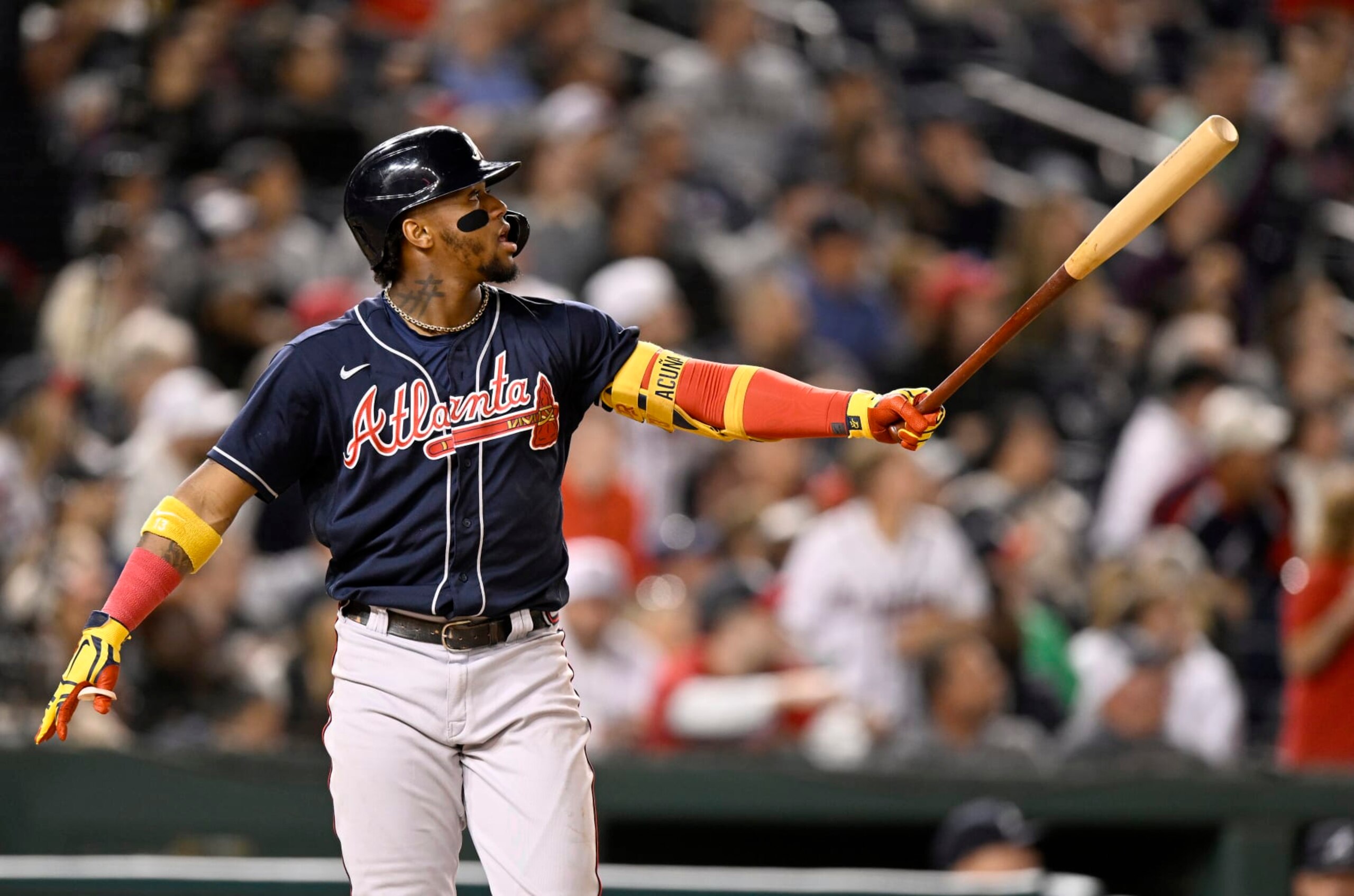 WASHINGTON, DC - SEPTEMBER 27: Ronald Acuna Jr. #13 of the Atlanta Braves hits a home run against the Washington Nationals at Nationals Park on September 27, 2022 in Washington, DC. (Photo by G Fiume/Getty Images)