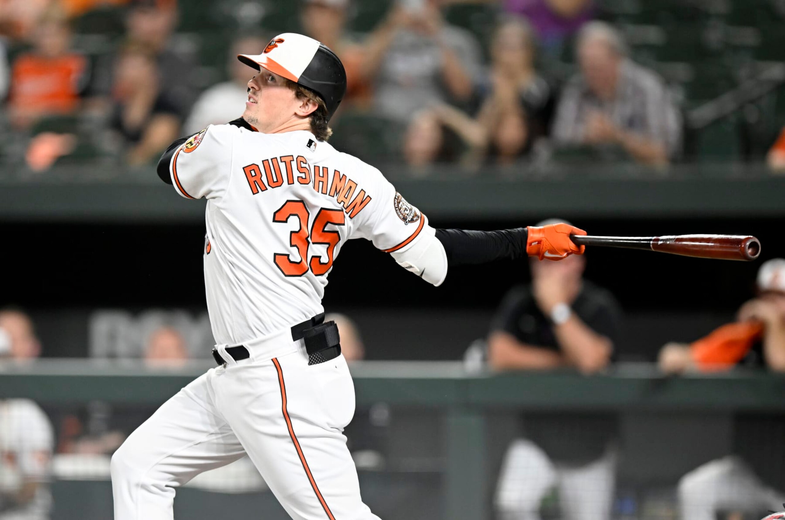 BALTIMORE, MARYLAND - SEPTEMBER 21: Adley Rutschman #35 of the Baltimore Orioles bats against the Detroit Tigers at Oriole Park at Camden Yards on September 21, 2022 in Baltimore, Maryland. (Photo by G Fiume/Getty Images)
