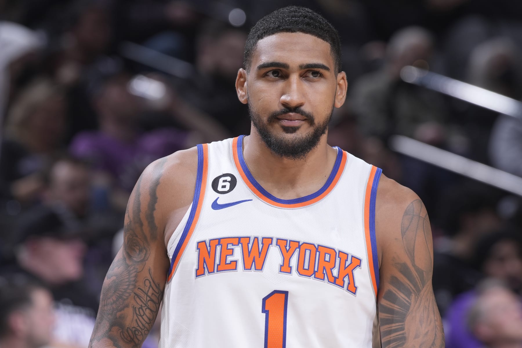 SACRAMENTO, CA - MARCH 9: Obi Toppin #1 of the New York Knicks looks on during the game against the Sacramento Kings on March 9, 2023 at Golden 1 Center in Sacramento, California. NOTE TO USER: User expressly acknowledges and agrees that, by downloading and or using this photograph, User is consenting to the terms and conditions of the Getty Images Agreement. Mandatory Copyright Notice: Copyright 2023 NBAE (Photo by Rocky Widner/NBAE via Getty Images)