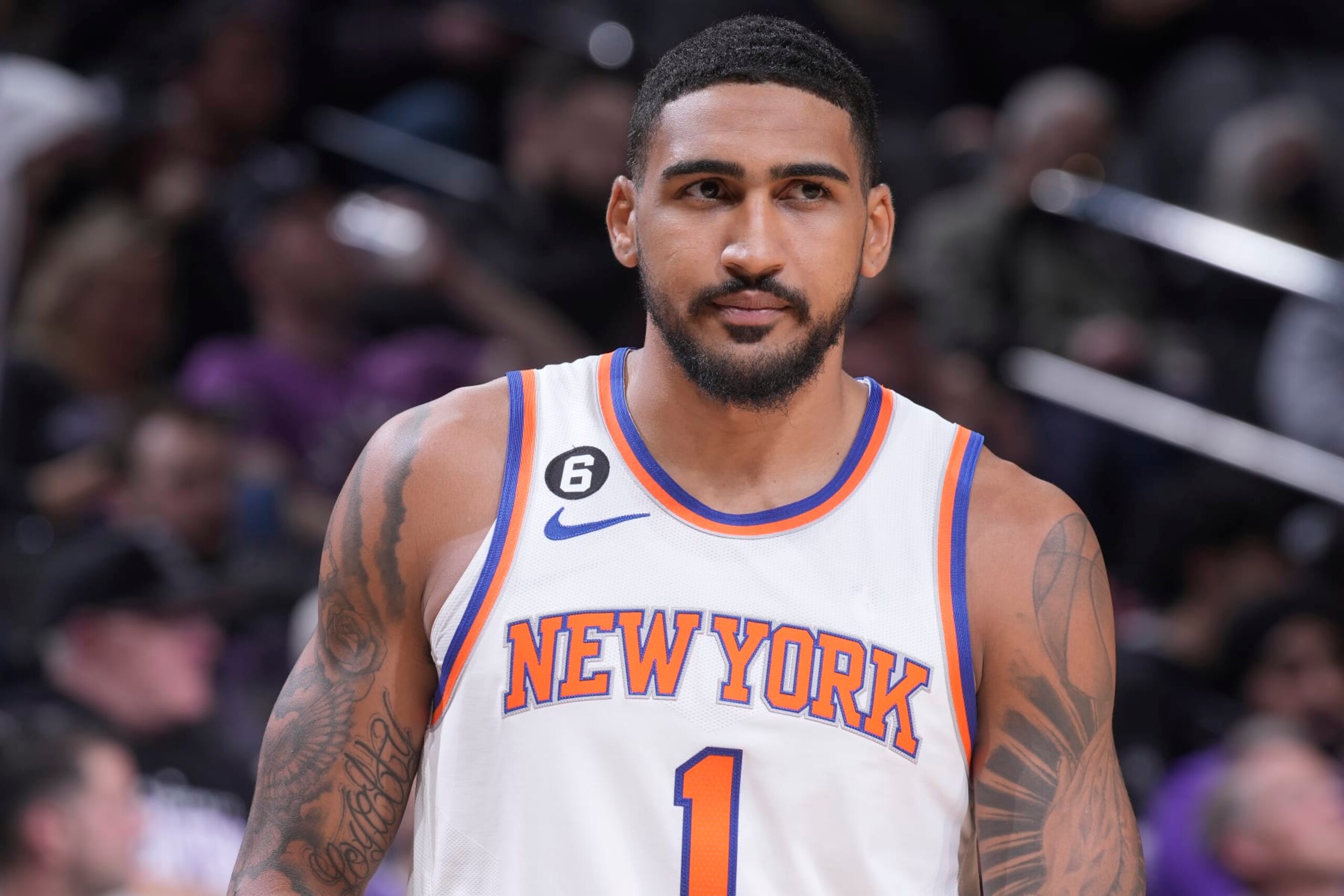 SACRAMENTO, CA - MARCH 9: Obi Toppin #1 of the New York Knicks looks on during the game against the Sacramento Kings on March 9, 2023 at Golden 1 Center in Sacramento, California. NOTE TO USER: User expressly acknowledges and agrees that, by downloading and or using this photograph, User is consenting to the terms and conditions of the Getty Images Agreement. Mandatory Copyright Notice: Copyright 2023 NBAE (Photo by Rocky Widner/NBAE via Getty Images)