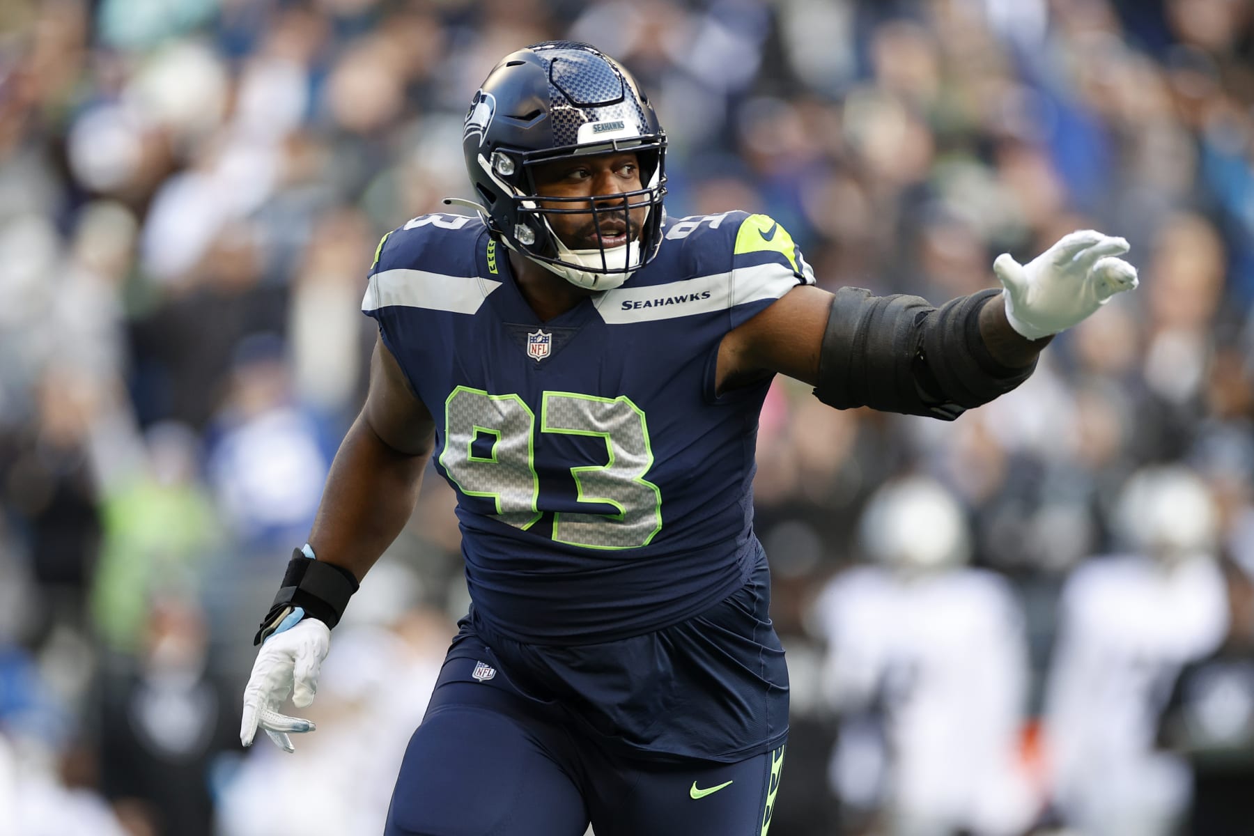 SEATTLE, WASHINGTON - NOVEMBER 27: Shelby Harris #93 of the Seattle Seahawks in action during the first quarter against the Las Vegas Raiders at Lumen Field on November 27, 2022 in Seattle, Washington. (Photo by Steph Chambers/Getty Images)