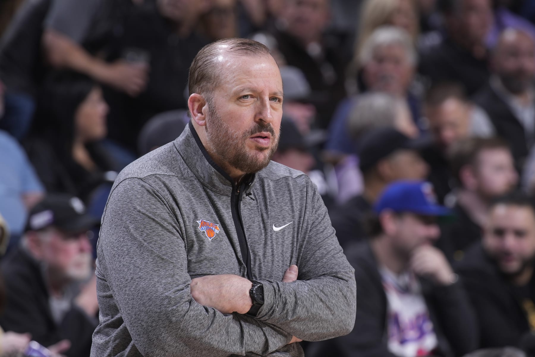 SACRAMENTO, CA - MARCH 9: Head Coach of the New York Knicks Tom Thibodeau looks on during the game against the Sacramento Kings on March 9, 2023 at Golden 1 Center in Sacramento, California. NOTE TO USER: User expressly acknowledges and agrees that, by downloading and or using this photograph, User is consenting to the terms and conditions of the Getty Images Agreement. Mandatory Copyright Notice: Copyright 2023 NBAE (Photo by Rocky Widner/NBAE via Getty Images)
