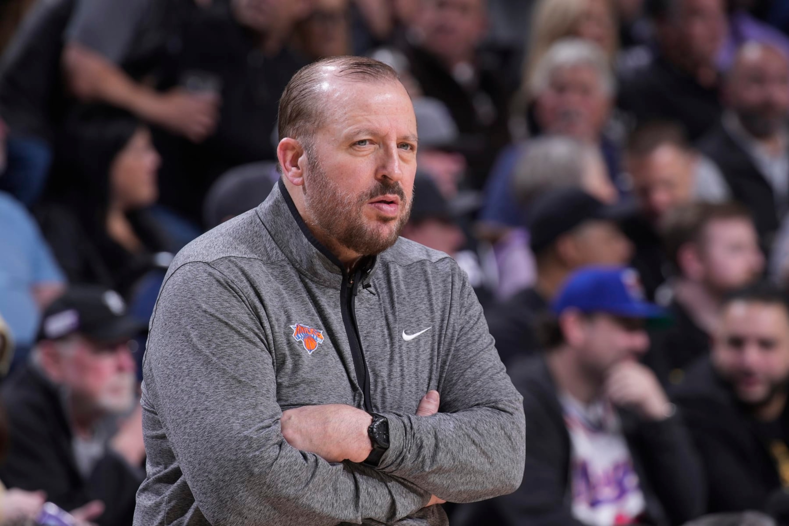 SACRAMENTO, CA - MARCH 9: Head Coach of the New York Knicks Tom Thibodeau looks on during the game against the Sacramento Kings on March 9, 2023 at Golden 1 Center in Sacramento, California. NOTE TO USER: User expressly acknowledges and agrees that, by downloading and or using this photograph, User is consenting to the terms and conditions of the Getty Images Agreement. Mandatory Copyright Notice: Copyright 2023 NBAE (Photo by Rocky Widner/NBAE via Getty Images)