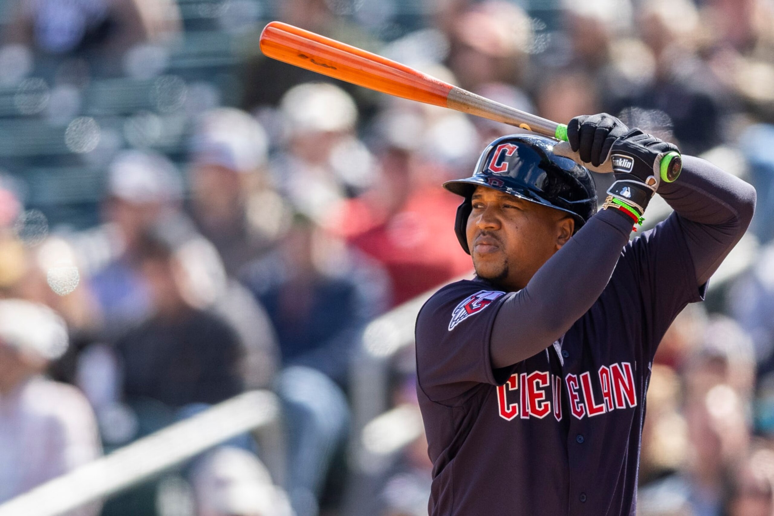 CLEVELAND, OH - FEBRUARY 26: Jose Ramirez #11 of the Cleveland Guardians bats during the game between the Texas Rangers and the Cleveland Guardians at Progressive Field on Sunday, February 26, 2023 in Cleveland, Ohio. (Photo by Adam Glanzman/MLB Photos via Getty Images)