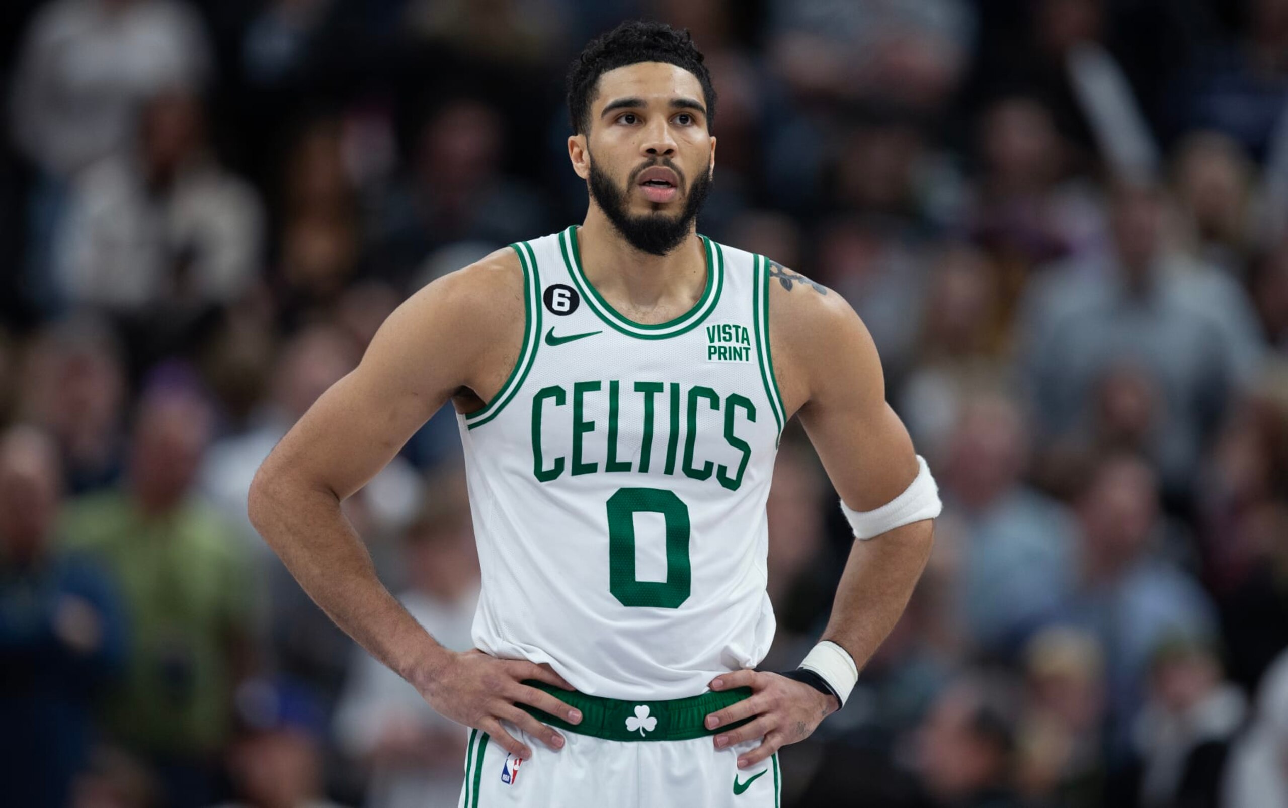 SALT LAKE CITY, UTAH - MARCH 18: Jayson Tatum #0 of the Boston Celtics stands on the court during the final seconds of the second half of their game against the Utah Jazz  March 18, 2023 at the Vivint Arena in Salt Lake City Utah. NOTE TO USER: User expressly acknowledges and agrees that, by downloading and using this photograph, User is consenting to the terms and conditions of the Getty Images License Agreement (Photo by Chris Gardner/ Getty Images)
