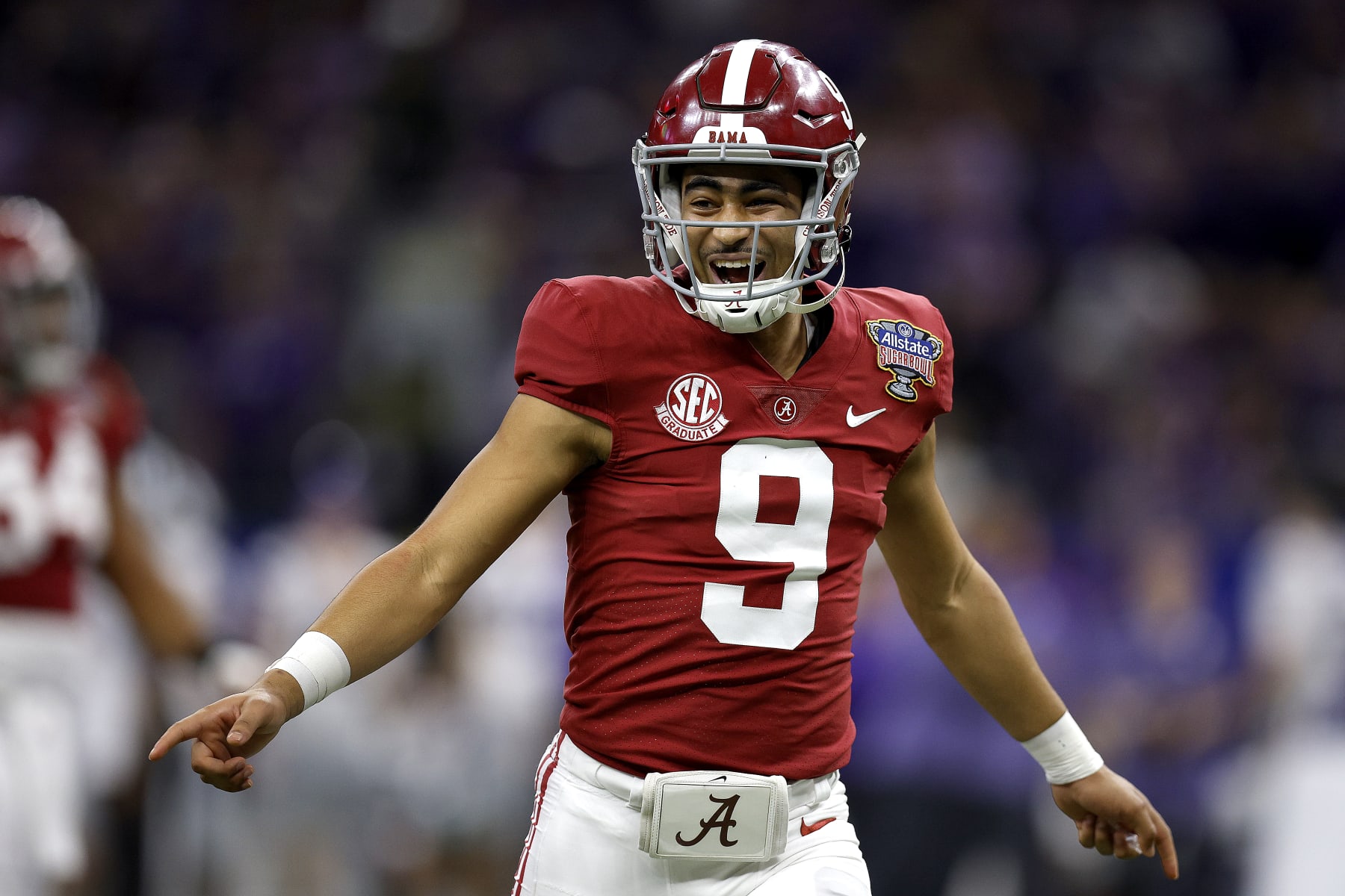 NEW ORLEANS, LOUISIANA - DECEMBER 31: Bryce Young #9 of the Alabama Crimson Tide reacts after throwing a touchdown pass during the fourth quarter of the Allstate Sugar Bowl against the Kansas State Wildcats at Caesars Superdome on December 31, 2022 in New Orleans, Louisiana. (Photo by Sean Gardner/Getty Images)