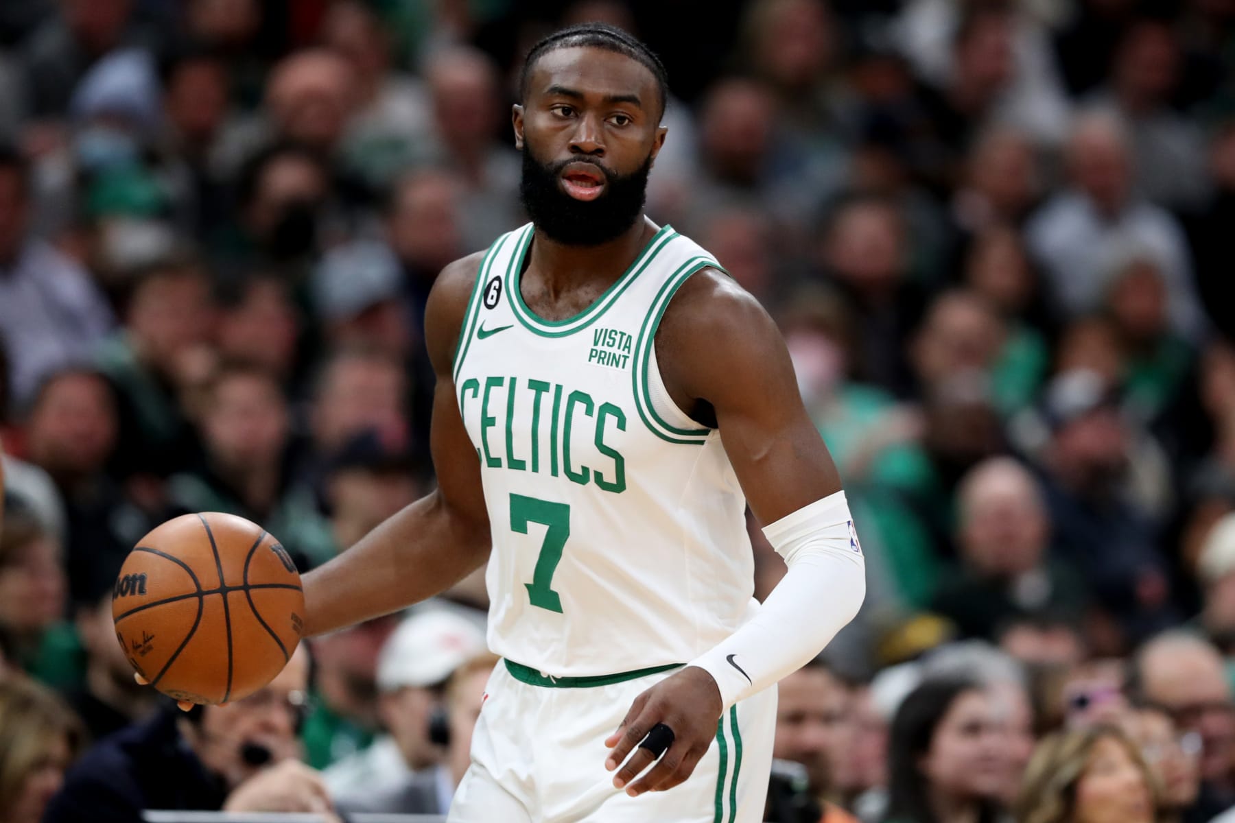 BOSTON, MASSACHUSETTS - JANUARY 09: Jaylen Brown #7 of the Boston Celtics dribbles against the Chicago Bulls during the first half at TD Garden on January 09, 2023 in Boston, Massachusetts.  NOTE TO USER: User expressly acknowledges and agrees that, by downloading and or using this photograph, User is consenting to the terms and conditions of the Getty Images License Agreement. (Photo by Maddie Meyer/Getty Images)