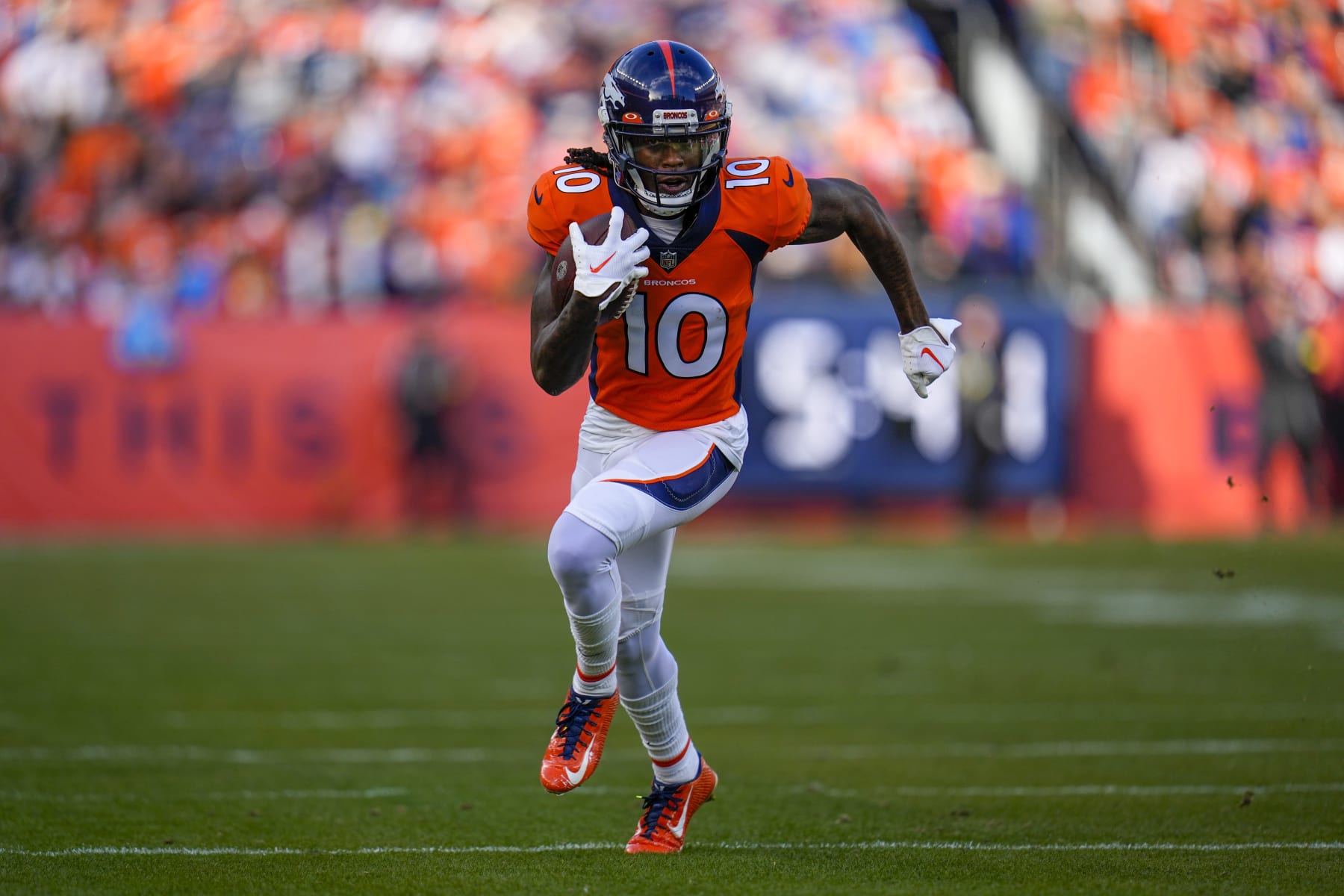 Denver Broncos wide receiver Jerry Jeudy (10) runs against the Los Angeles Chargers during an NFL football game, Sunday, Jan. 8, 2023, in Denver. (AP Photo/Jack Dempsey)