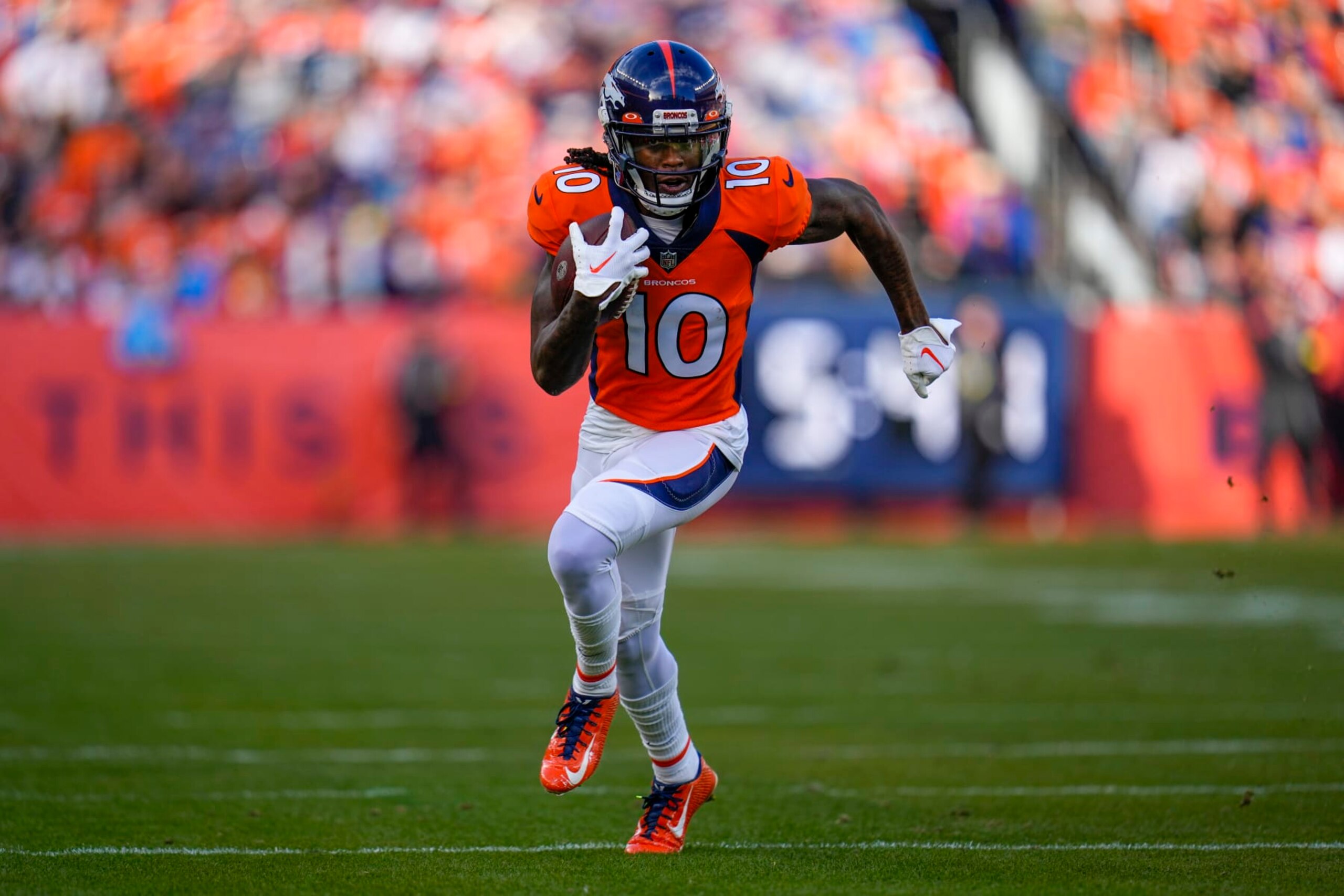 Denver Broncos wide receiver Jerry Jeudy (10) runs against the Los Angeles Chargers during an NFL football game, Sunday, Jan. 8, 2023, in Denver. (AP Photo/Jack Dempsey)