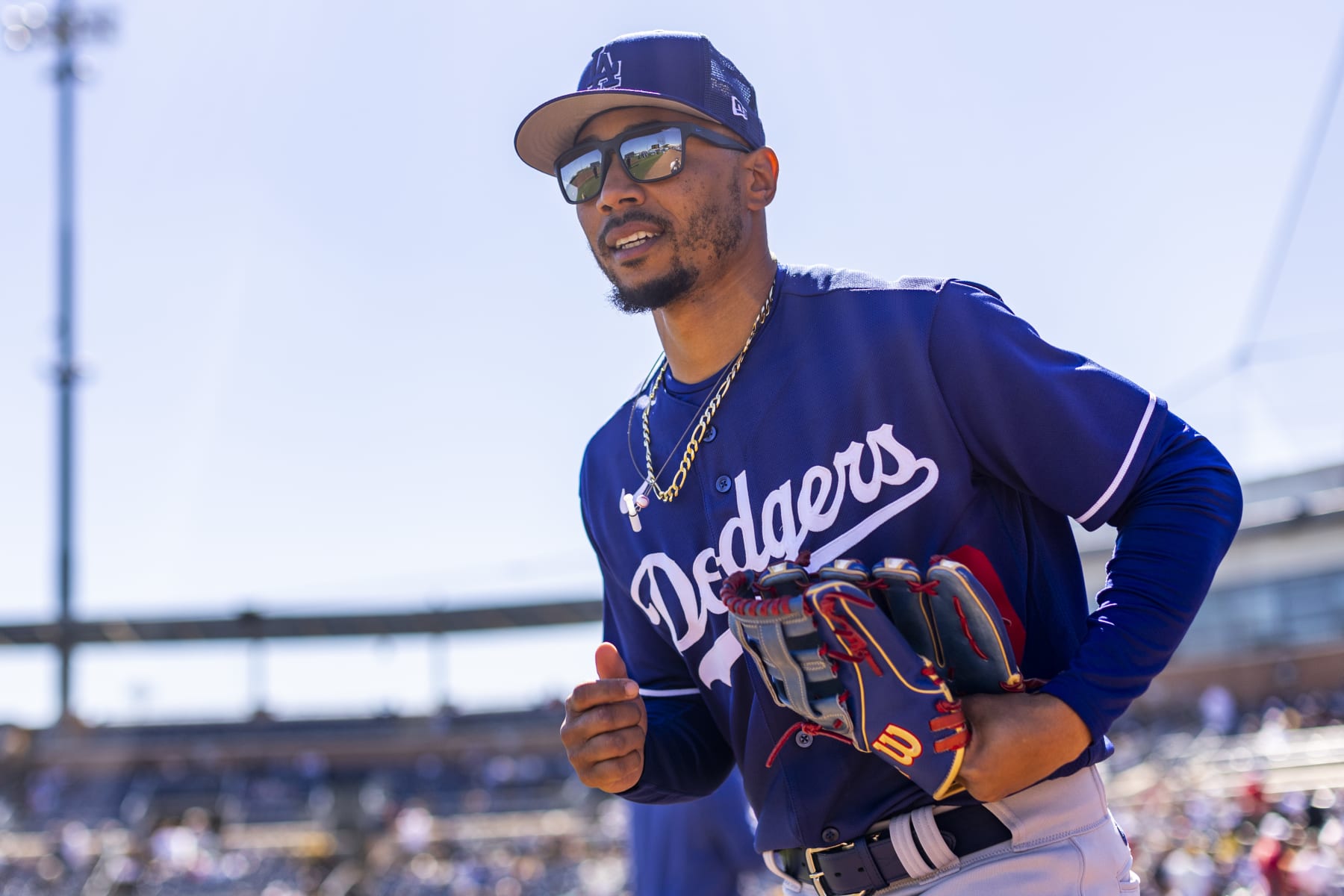 SAN DIEGO, CA - FEBRUARY 27: Mookie Betts #50 of the Los Angeles Dodgers looks on before the game between the Los Angeles Dodgers and the San Diego Padres at Petco Park on Monday, February 27, 2023 in San Diego, California. (Photo by Adam Glanzman/MLB Photos via Getty Images)