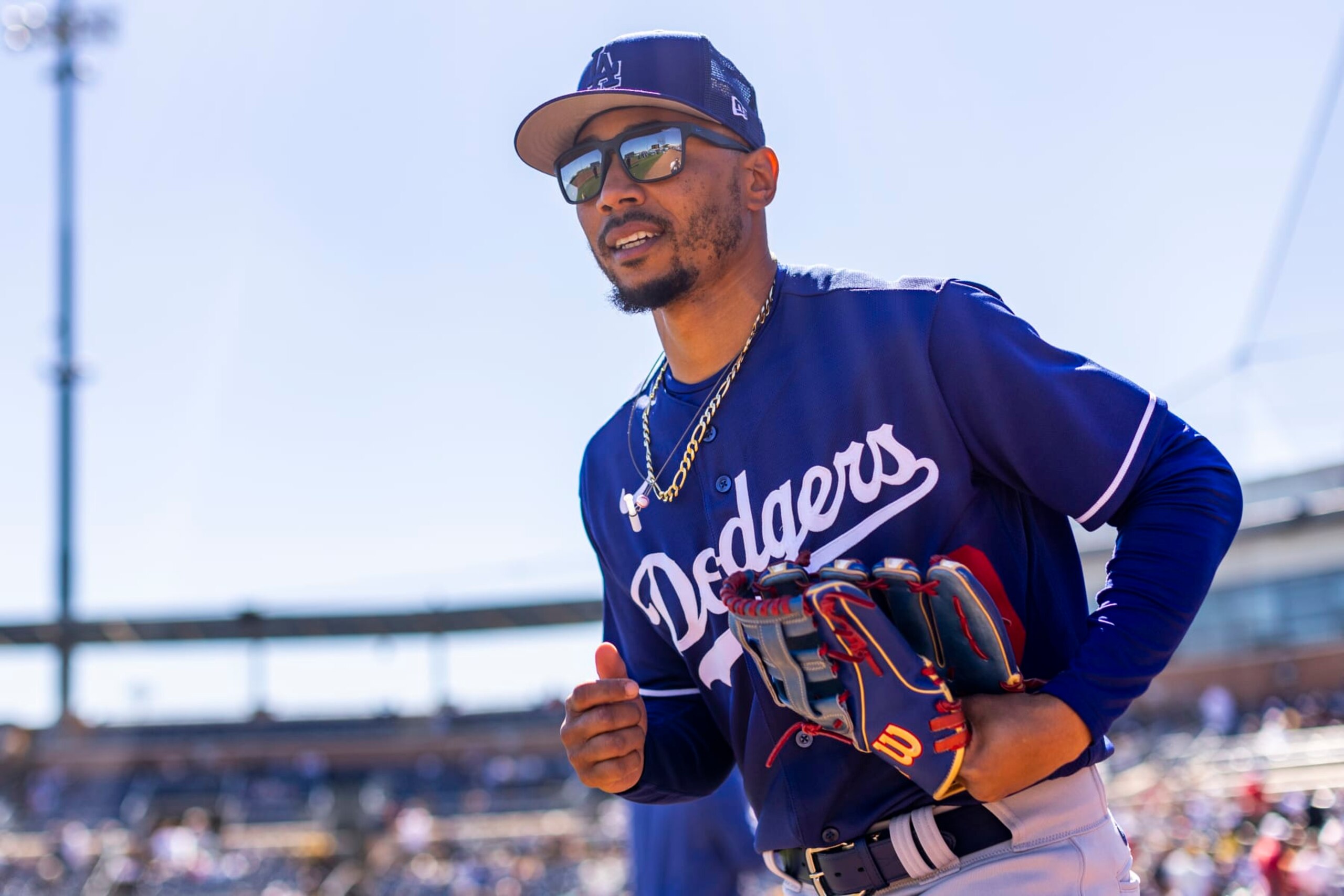 SAN DIEGO, CA - FEBRUARY 27: Mookie Betts #50 of the Los Angeles Dodgers looks on before the game between the Los Angeles Dodgers and the San Diego Padres at Petco Park on Monday, February 27, 2023 in San Diego, California. (Photo by Adam Glanzman/MLB Photos via Getty Images)