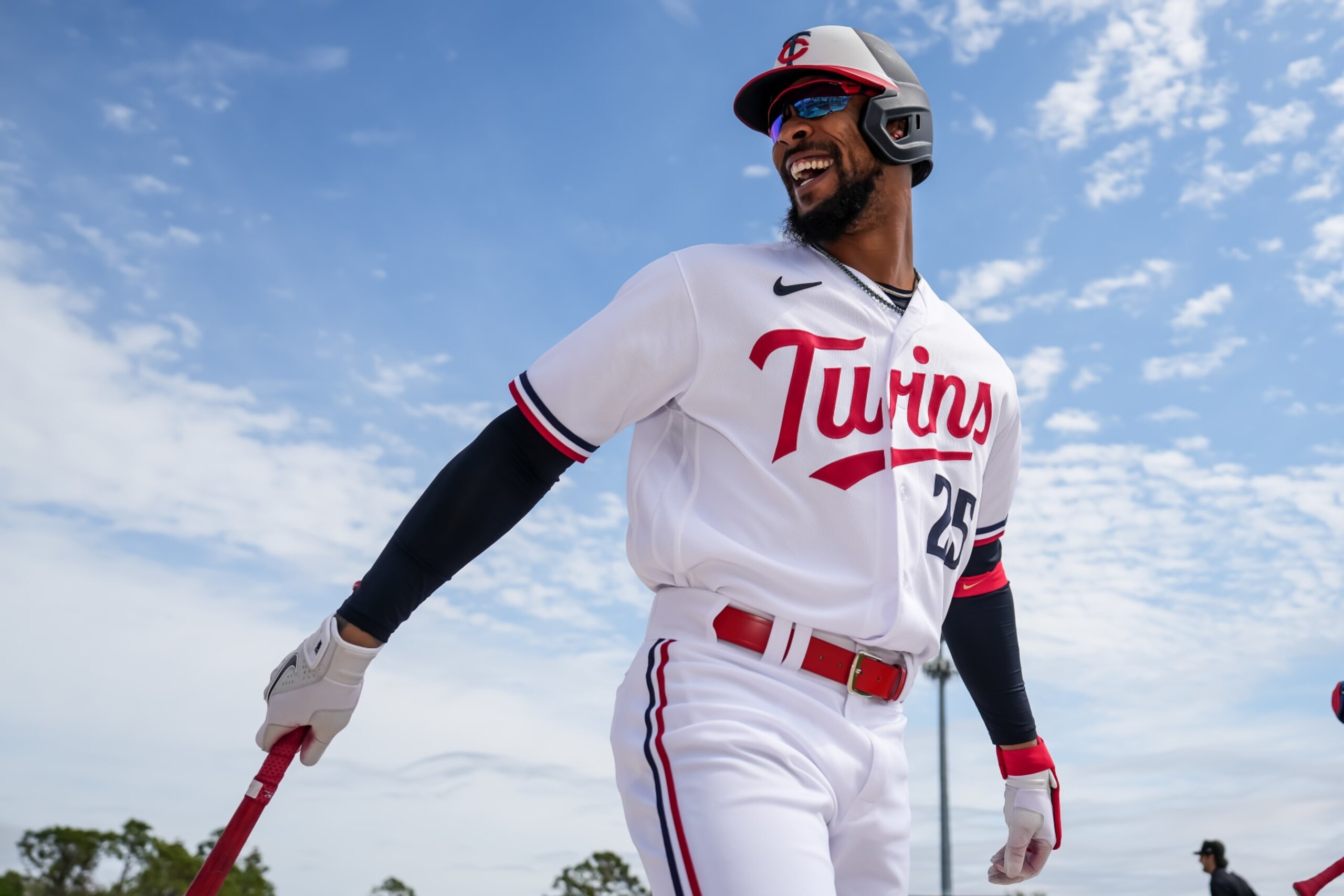 FORT MYERS, FL- MARCH 19: Byron Buxton #25 of the Minnesota Twins looks on and laughs prior to a spring training game against the Atlanta Braves on March 19, 2023 at Hammond Stadium in Fort Myers, Florida. (Photo by Brace Hemmelgarn/Minnesota Twins/Getty Images)