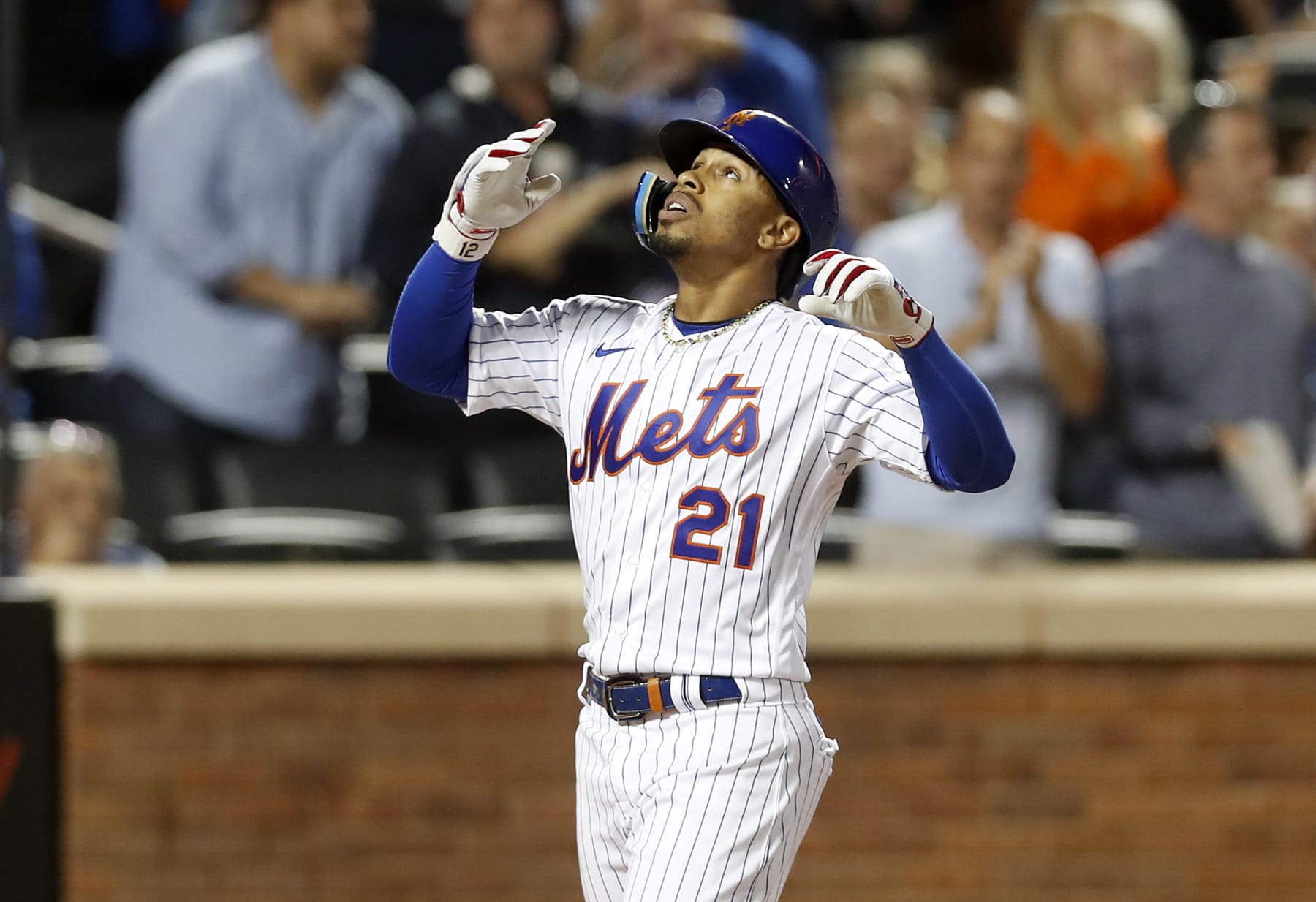 NEW YORK, NEW YORK - SEPTEMBER 15:  Francisco Lindor of the New York Mets celebrates his third inning two run home run against the Pittsburgh Pirates at Citi Field on September 15, 2022 in New York City. Players are wearing number 21 in honor of Roberto Clemente Day. (Photo by Jim McIsaac/Getty Images)