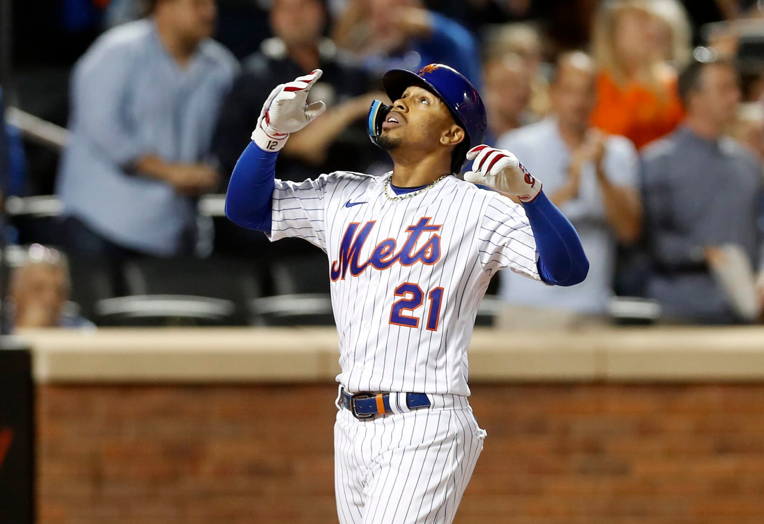 NEW YORK, NEW YORK - SEPTEMBER 15:  Francisco Lindor of the New York Mets celebrates his third inning two run home run against the Pittsburgh Pirates at Citi Field on September 15, 2022 in New York City. Players are wearing number 21 in honor of Roberto Clemente Day. (Photo by Jim McIsaac/Getty Images)