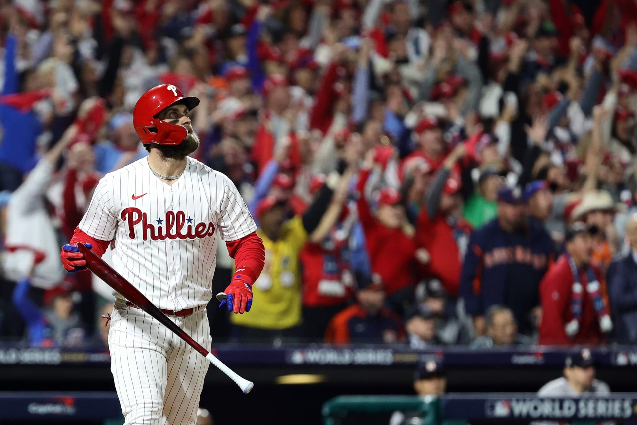 PHILADELPHIA, PENNSYLVANIA - NOVEMBER 01: Bryce Harper #3 of the Philadelphia Phillies watches his two-run home run against the Houston Astros during the first inning in Game Three of the 2022 World Series at Citizens Bank Park on November 01, 2022 in Philadelphia, Pennsylvania. (Photo by Tim Nwachukwu/Getty Images)
