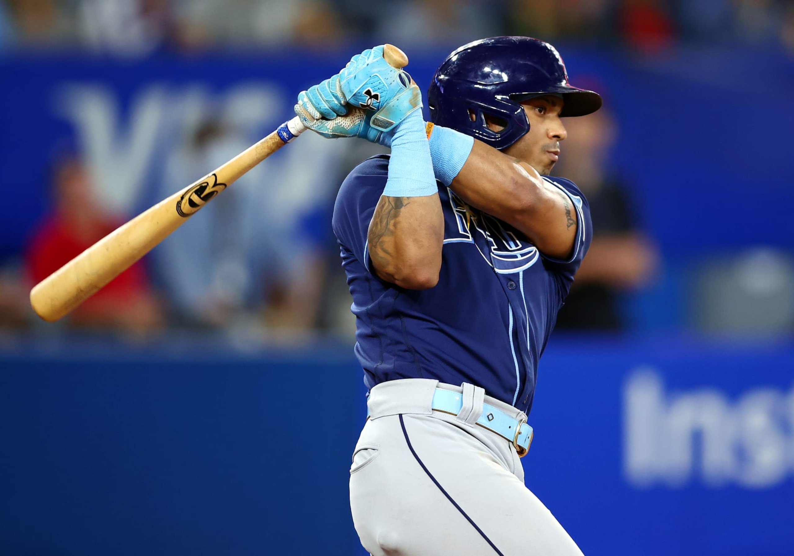 TORONTO, ON - SEPTEMBER 13:  Wander Franco #5 of the Tampa Bay Rays bats during game one of a doubleheader against the Toronto Blue Jays at Rogers Centre on September 13, 2022 in Toronto, Ontario, Canada.  (Photo by Vaughn Ridley/Getty Images)
