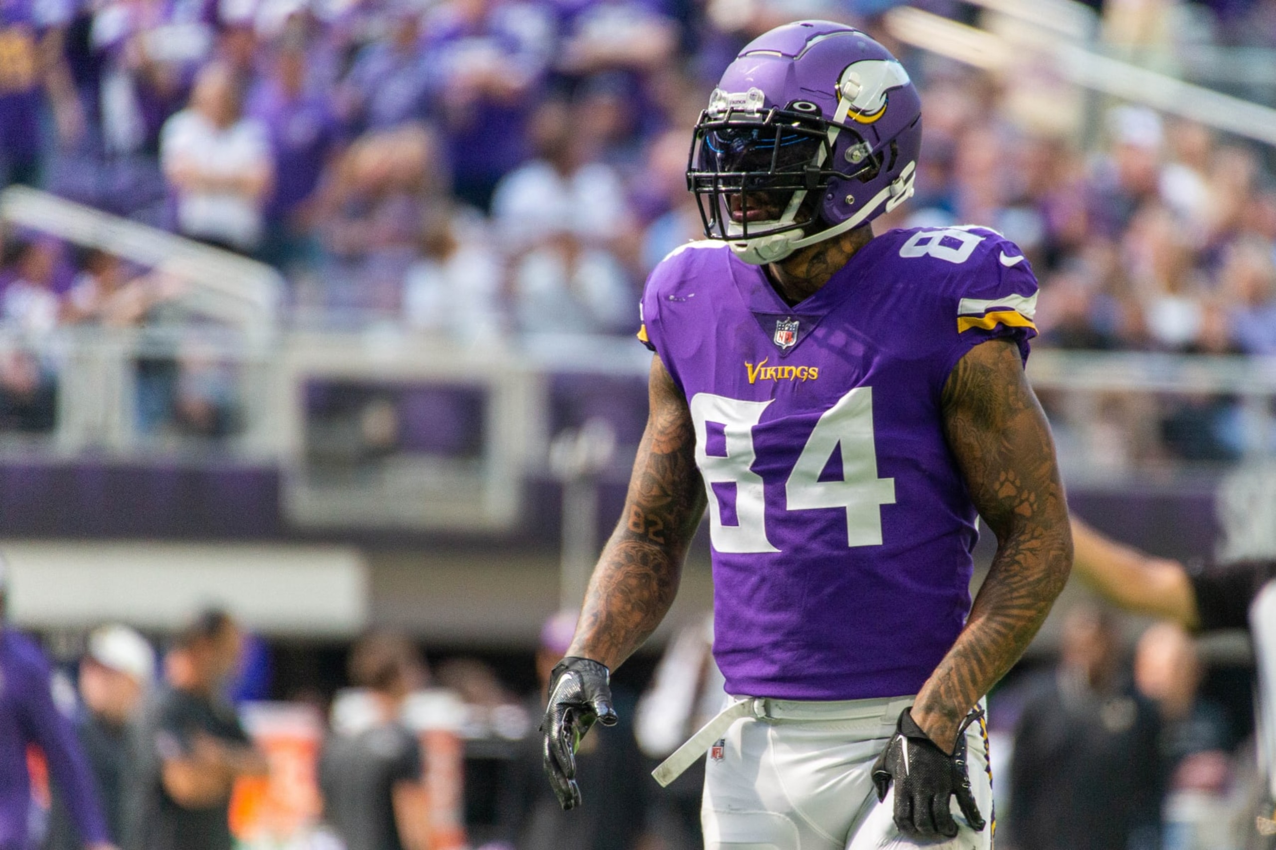 MINNEAPOLIS, MN - SEPTEMBER 25: Minnesota Vikings Tight End Irv Smith (84) looks on during the NFL game between the Detroit Lions and the Minnesota Vikings on September 25th, 2022, at U.S. Bank Stadium in Minneapolis, MN. (Photo by Bailey Hillesheim/Icon Sportswire via Getty Images)