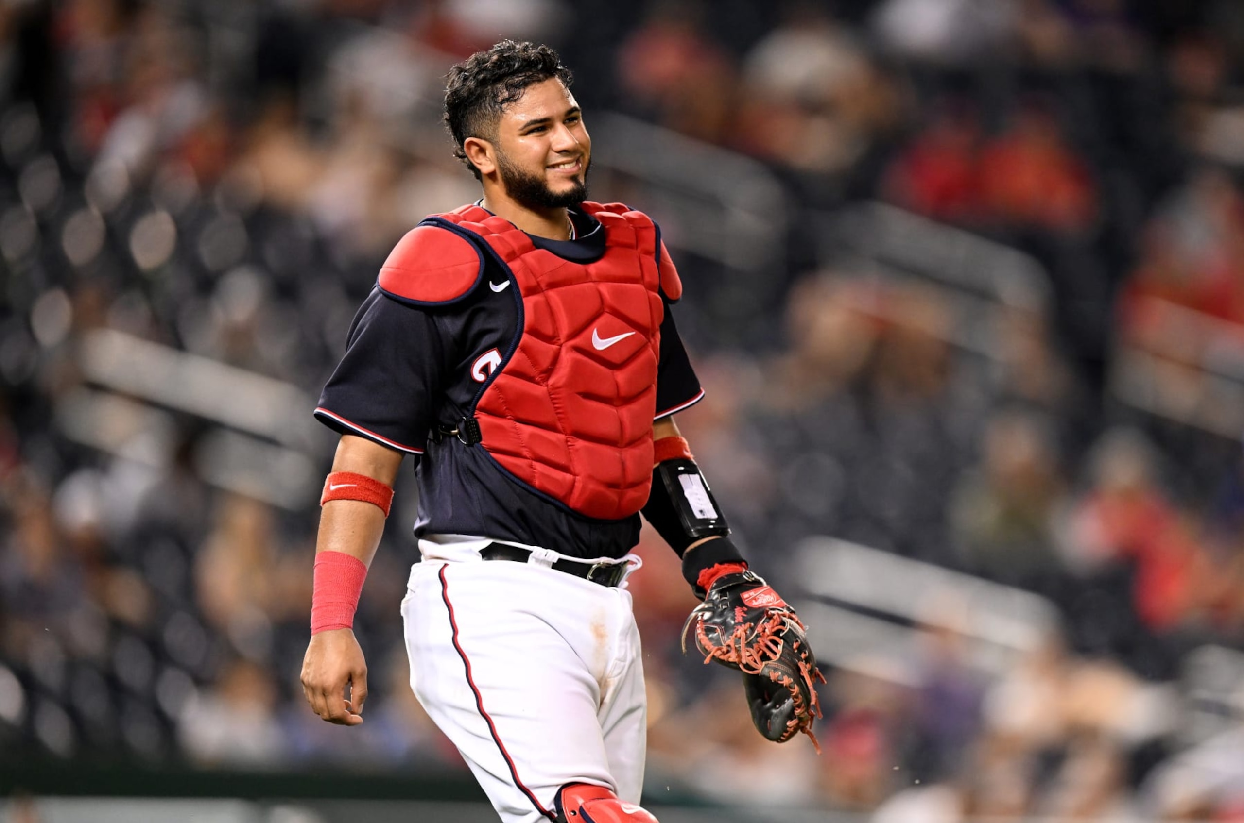 WASHINGTON, DC - AUGUST 26: Keibert Ruiz #20 of the Washington Nationals catches against the Cincinnati Reds at Nationals Park on August 26, 2022 in Washington, DC. (Photo by G Fiume/Getty Images)