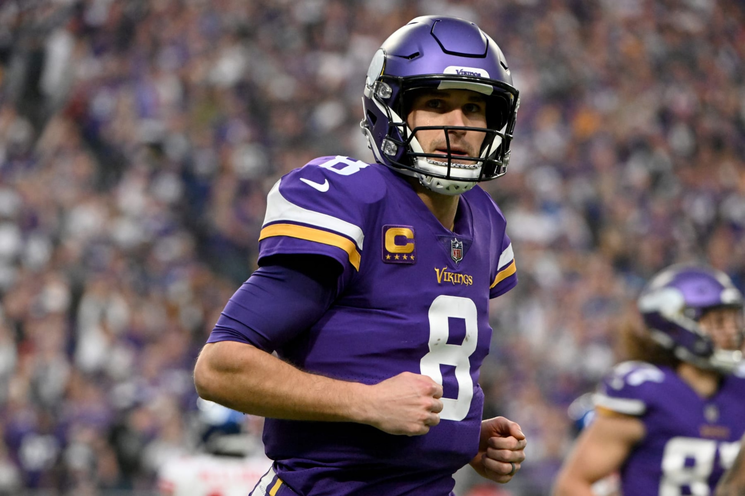 MINNEAPOLIS, MINNESOTA - JANUARY 15: Kirk Cousins #8 of the Minnesota Vikings looks on against the New York Giants during the first half in the NFC Wild Card playoff game at U.S. Bank Stadium on January 15, 2023 in Minneapolis, Minnesota. (Photo by Stephen Maturen/Getty Images)