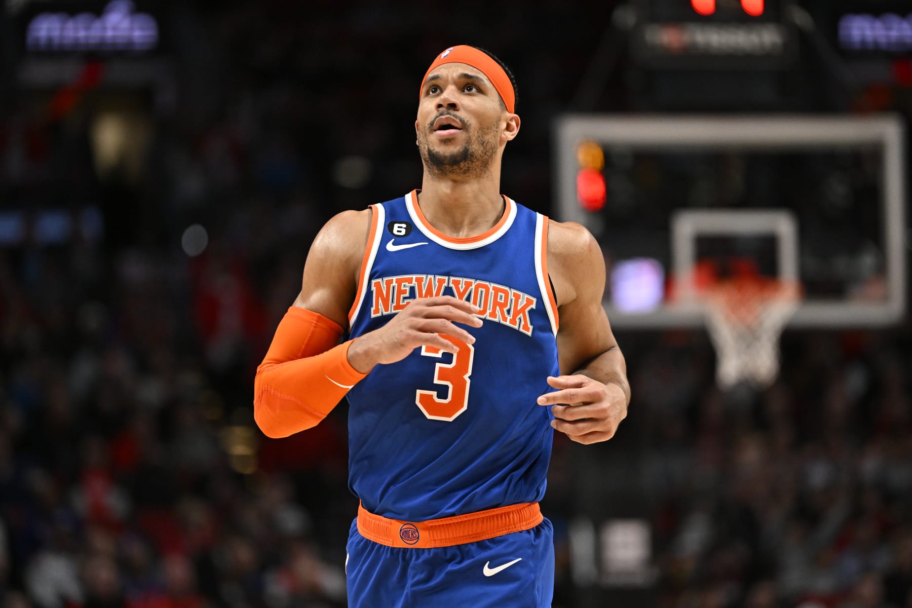 PORTLAND, OREGON - MARCH 14: Josh Hart #3 of the New York Knicks looks on during the fourth quarter against the Portland Trail Blazers at Moda Center on March 14, 2023 in Portland, Oregon. The New York Knicks won 123-107. NOTE TO USER: User expressly acknowledges and agrees that, by downloading and or using this photograph, User is consenting to the terms and conditions of the Getty Images License Agreement. (Photo by Alika Jenner/Getty Images)