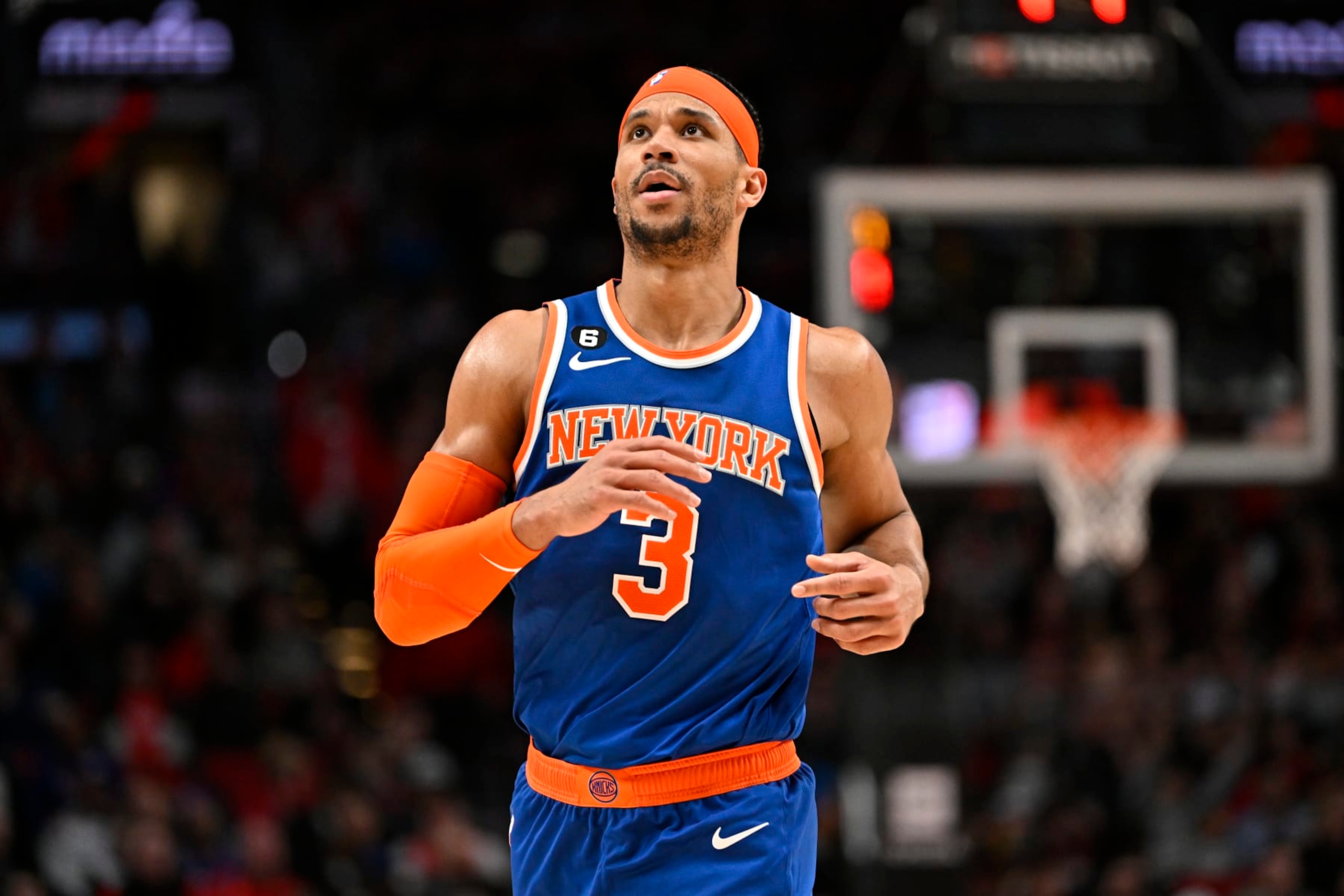 PORTLAND, OREGON - MARCH 14: Josh Hart #3 of the New York Knicks looks on during the fourth quarter against the Portland Trail Blazers at Moda Center on March 14, 2023 in Portland, Oregon. The New York Knicks won 123-107. NOTE TO USER: User expressly acknowledges and agrees that, by downloading and or using this photograph, User is consenting to the terms and conditions of the Getty Images License Agreement. (Photo by Alika Jenner/Getty Images)