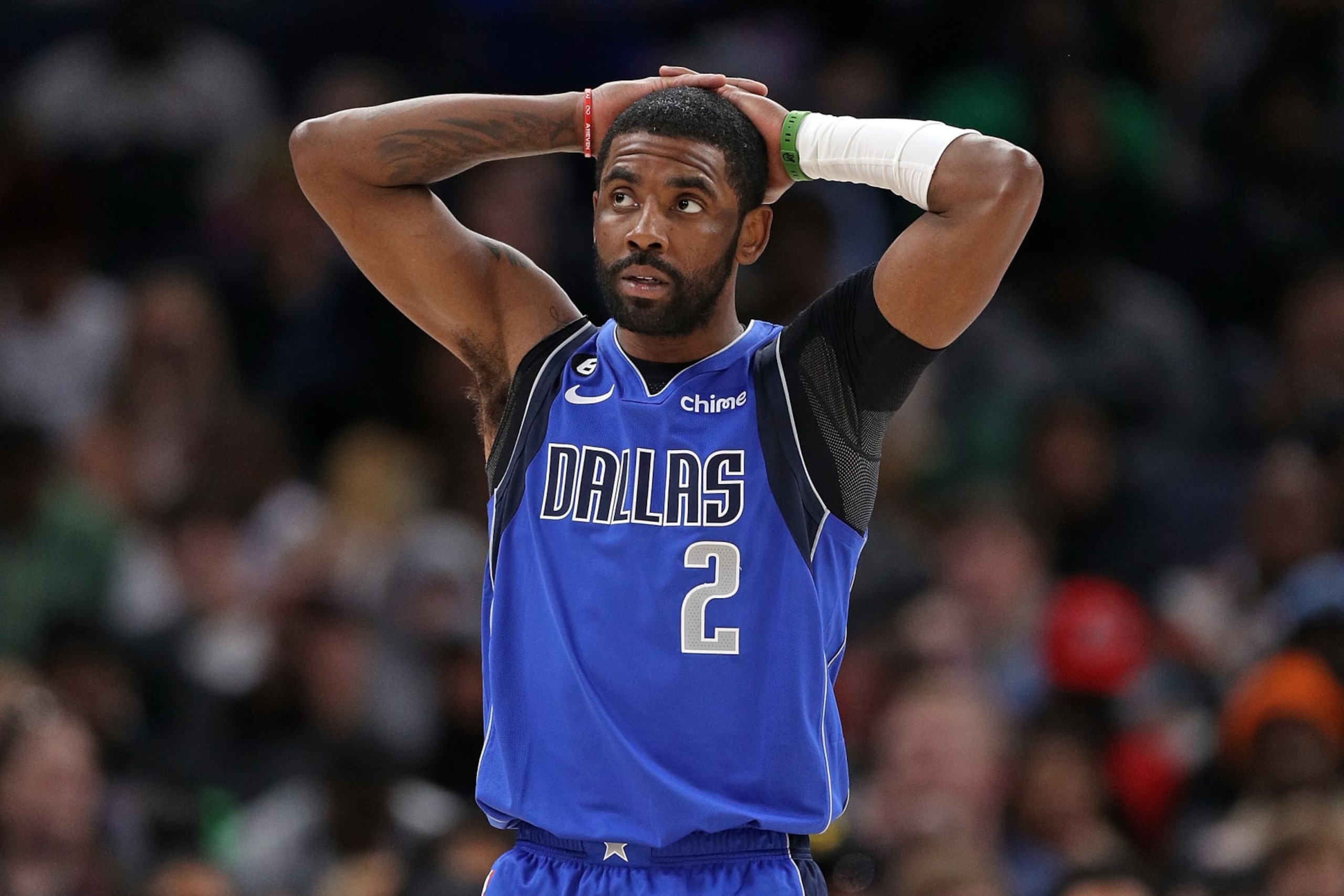 MEMPHIS, TENNESSEE - MARCH 20: Kyrie Irving #2 of the Dallas Mavericks looks on during the second half against the Memphis Grizzlies at FedExForum on March 20, 2023 in Memphis, Tennessee. NOTE TO USER: User expressly acknowledges and agrees that, by downloading and or using this photograph, User is consenting to the terms and conditions of the Getty Images License Agreement. (Photo by Justin Ford/Getty Images)