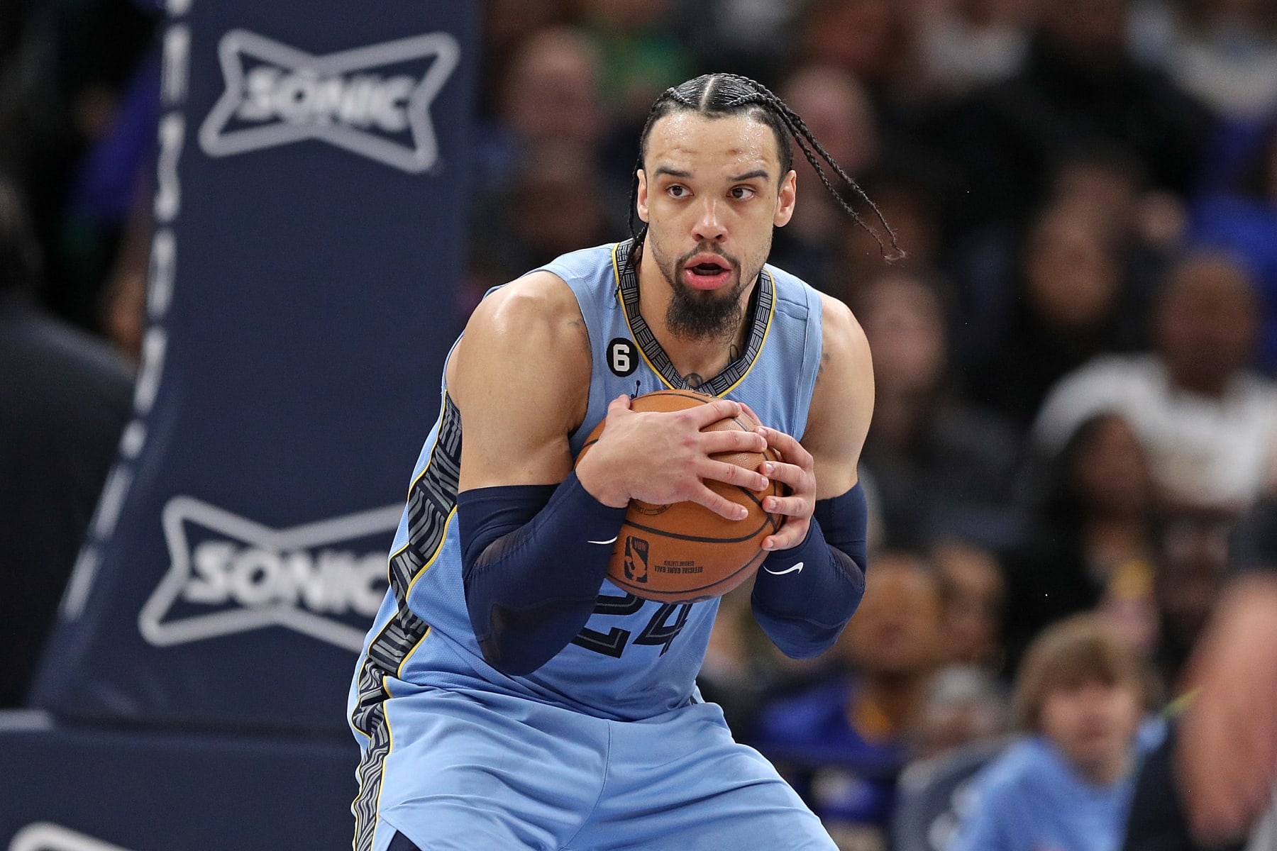 MEMPHIS, TENNESSEE - MARCH 18: Dillon Brooks #24 of the Memphis Grizzlies handles the ball during the game against the Golden State Warriors at FedExForum on March 18, 2023 in Memphis, Tennessee. NOTE TO USER: User expressly acknowledges and agrees that, by downloading and or using this photograph, User is consenting to the terms and conditions of the Getty Images License Agreement. (Photo by Justin Ford/Getty Images)