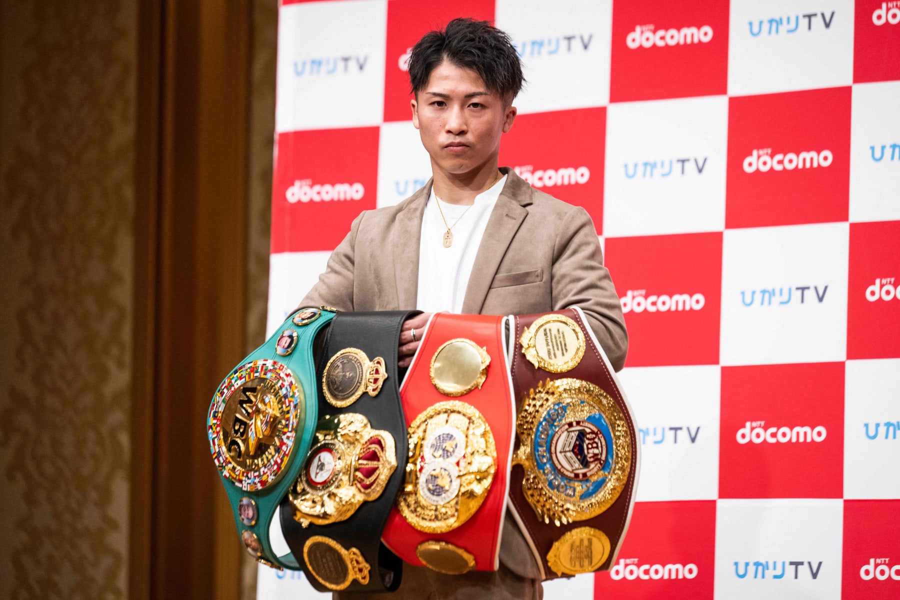 Boxer Naoya Inoue poses for photographs during a press conference in Yokohama on January 13, 2023. (Photo by Yuichi YAMAZAKI / AFP) (Photo by YUICHI YAMAZAKI/AFP via Getty Images)