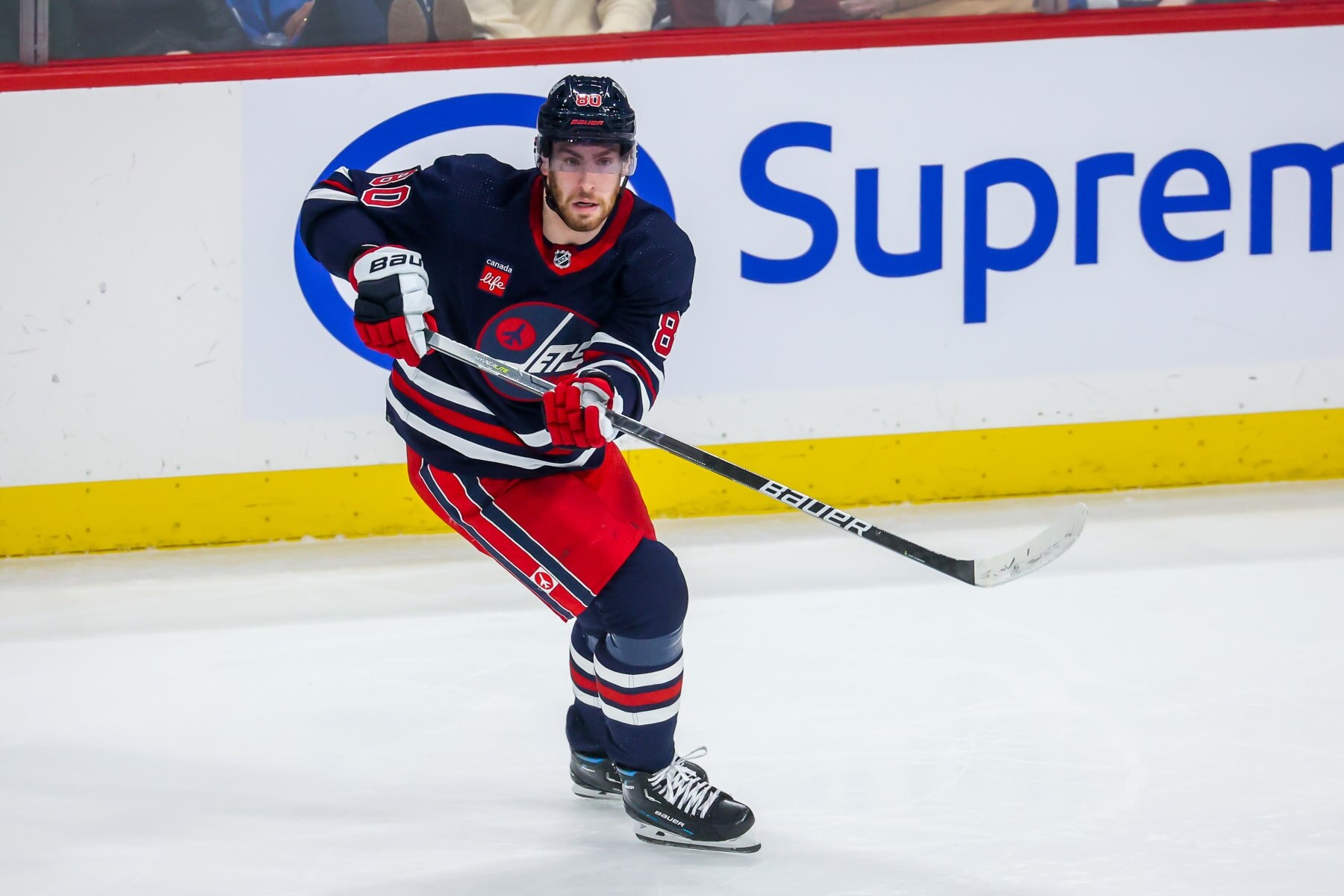 WINNIPEG, CANADA - FEBRUARY 24: Pierre-Luc Dubois #80 of the Winnipeg Jets skates during third period action against the Colorado Avalanche at Canada Life Centre on February 24, 2023 in Winnipeg, Manitoba, Canada. (Photo by Jonathan Kozub/NHLI via Getty Images)