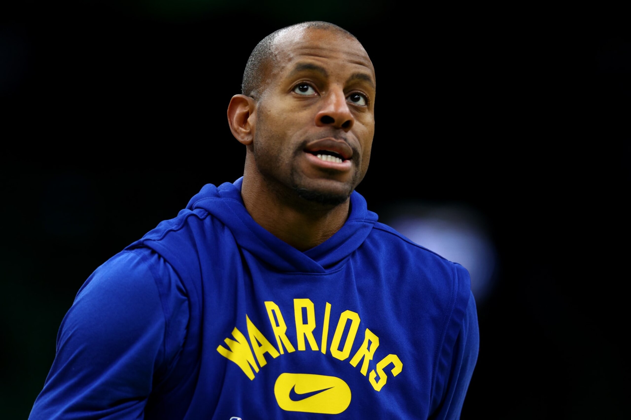 BOSTON, MASSACHUSETTS - JUNE 16: Andre Iguodala #9 of the Golden State Warriors warms up prior to Game Six of the 2022 NBA Finals \ahat TD Garden on June 16, 2022 in Boston, Massachusetts. NOTE TO USER: User expressly acknowledges and agrees that, by downloading and/or using this photograph, User is consenting to the terms and conditions of the Getty Images License Agreement. (Photo by Elsa/Getty Images)