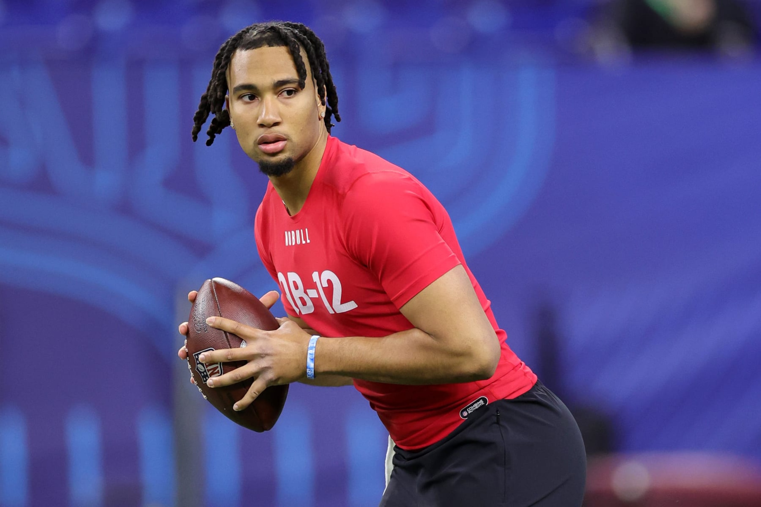 INDIANAPOLIS, INDIANA - MARCH 04: CJ Stroud of Ohio State participates in a drill during the NFL Combine at Lucas Oil Stadium on March 04, 2023 in Indianapolis, Indiana. (Photo by Stacy Revere/Getty Images)