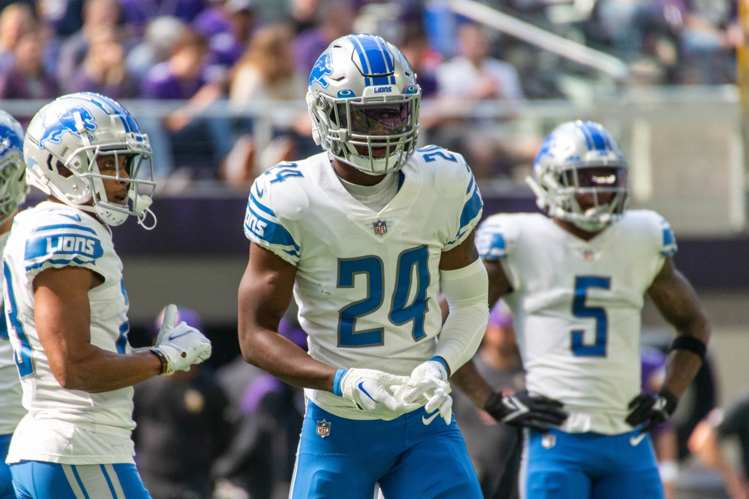 MINNEAPOLIS, MN - SEPTEMBER 25: Detroit Lions Cornerback Amani Oruwariye (24) looks on during the NFL game between the Detroit Lions and the Minnesota Vikings on September 25th, 2022, at U.S. Bank Stadium in Minneapolis, MN. (Photo by Bailey Hillesheim/Icon Sportswire via Getty Images)