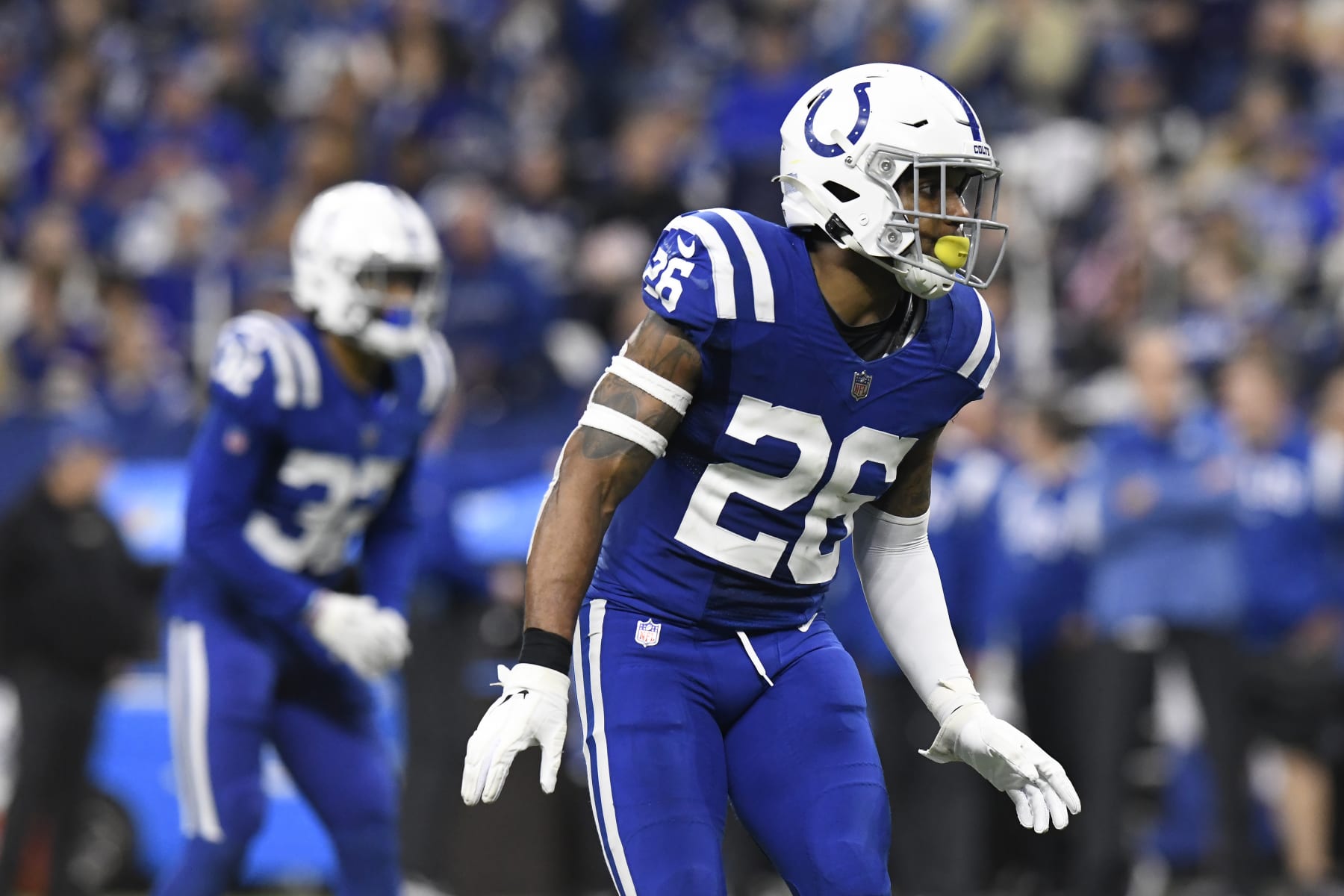 INDIANAPOLIS, IN - DECEMBER 26: Indianapolis Colts safety Rodney McLeod Jr. (26) lines up for a play during the NFL football game between the Los Angeles Chargers and the Indianapolis Colts on December 26, 2022, at Lucas Oil Stadium in Indianapolis, Indiana. (Photo by Michael Allio/Icon Sportswire via Getty Images)