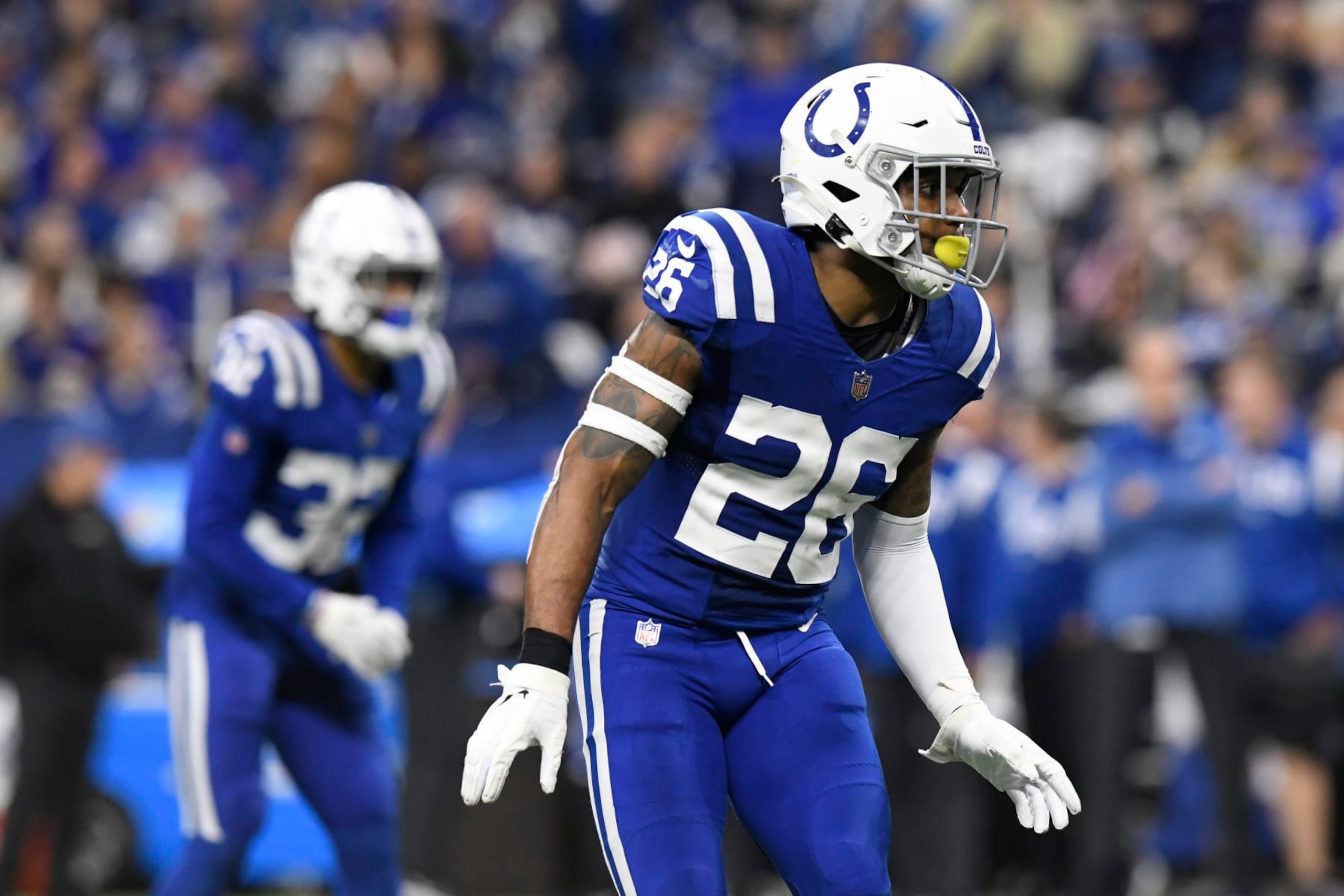 INDIANAPOLIS, IN - DECEMBER 26: Indianapolis Colts safety Rodney McLeod Jr. (26) lines up for a play during the NFL football game between the Los Angeles Chargers and the Indianapolis Colts on December 26, 2022, at Lucas Oil Stadium in Indianapolis, Indiana. (Photo by Michael Allio/Icon Sportswire via Getty Images)