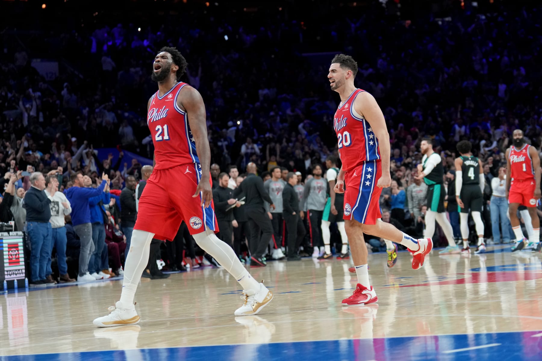 PHILADELPHIA, PA - MARCH 10: The Philadelphia 76ers celebrate after winning the game against the Portland Trail Blazers on March 10, 2023 at the Wells Fargo Center in Philadelphia, Pennsylvania NOTE TO USER: User expressly acknowledges and agrees that, by downloading and/or using this Photograph, user is consenting to the terms and conditions of the Getty Images License Agreement. Mandatory Copyright Notice: Copyright 2023 NBAE (Photo by Jesse D. Garrabrant/NBAE via Getty Images)