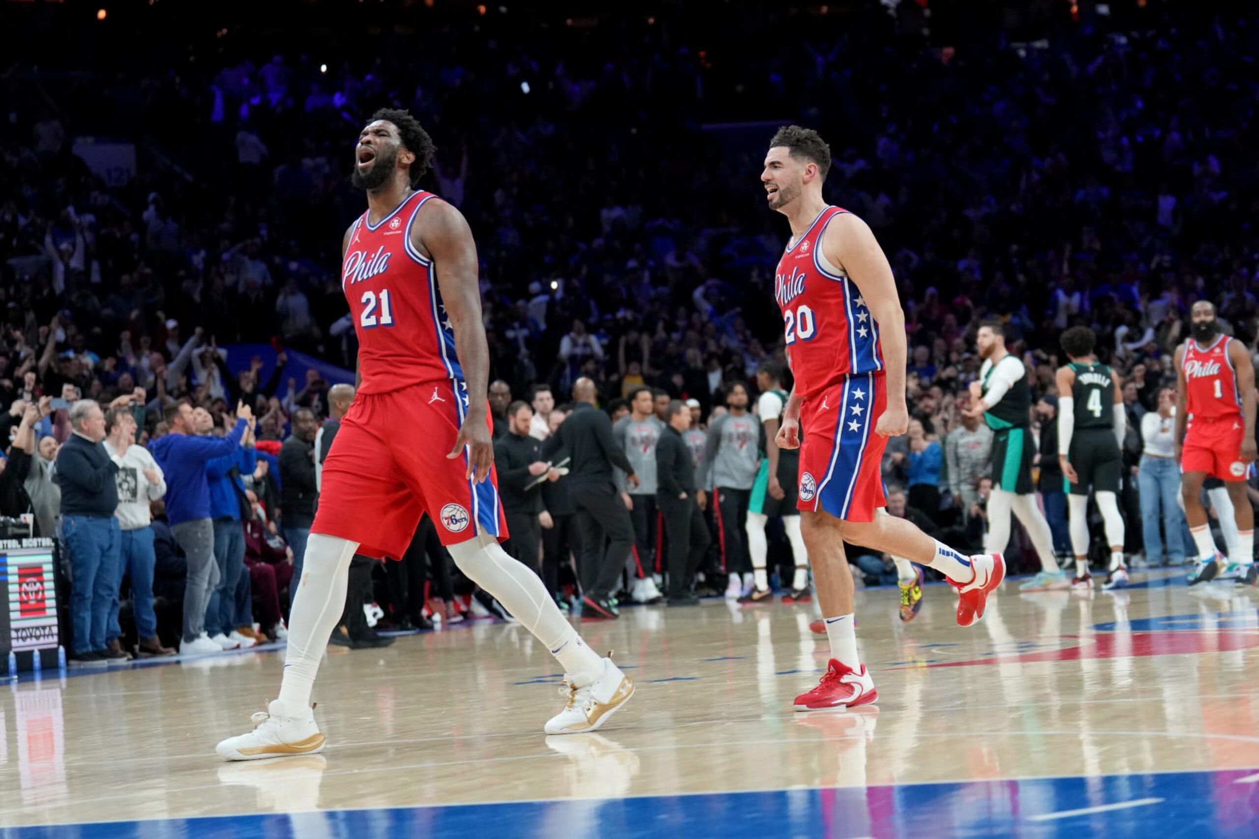 PHILADELPHIA, PA - MARCH 10: The Philadelphia 76ers celebrate after winning the game against the Portland Trail Blazers on March 10, 2023 at the Wells Fargo Center in Philadelphia, Pennsylvania NOTE TO USER: User expressly acknowledges and agrees that, by downloading and/or using this Photograph, user is consenting to the terms and conditions of the Getty Images License Agreement. Mandatory Copyright Notice: Copyright 2023 NBAE (Photo by Jesse D. Garrabrant/NBAE via Getty Images)